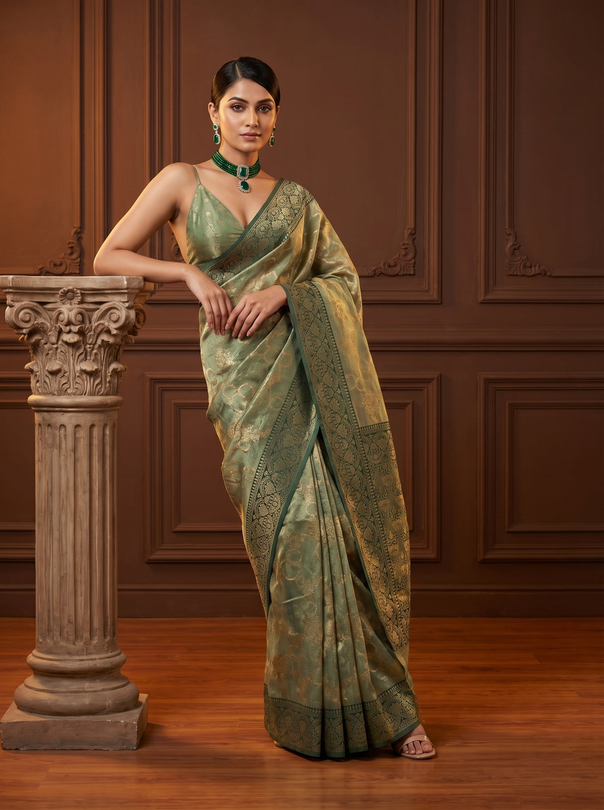 MIMOSA Green Banarasi Art Silk Saree β view of the drape and fabric shine