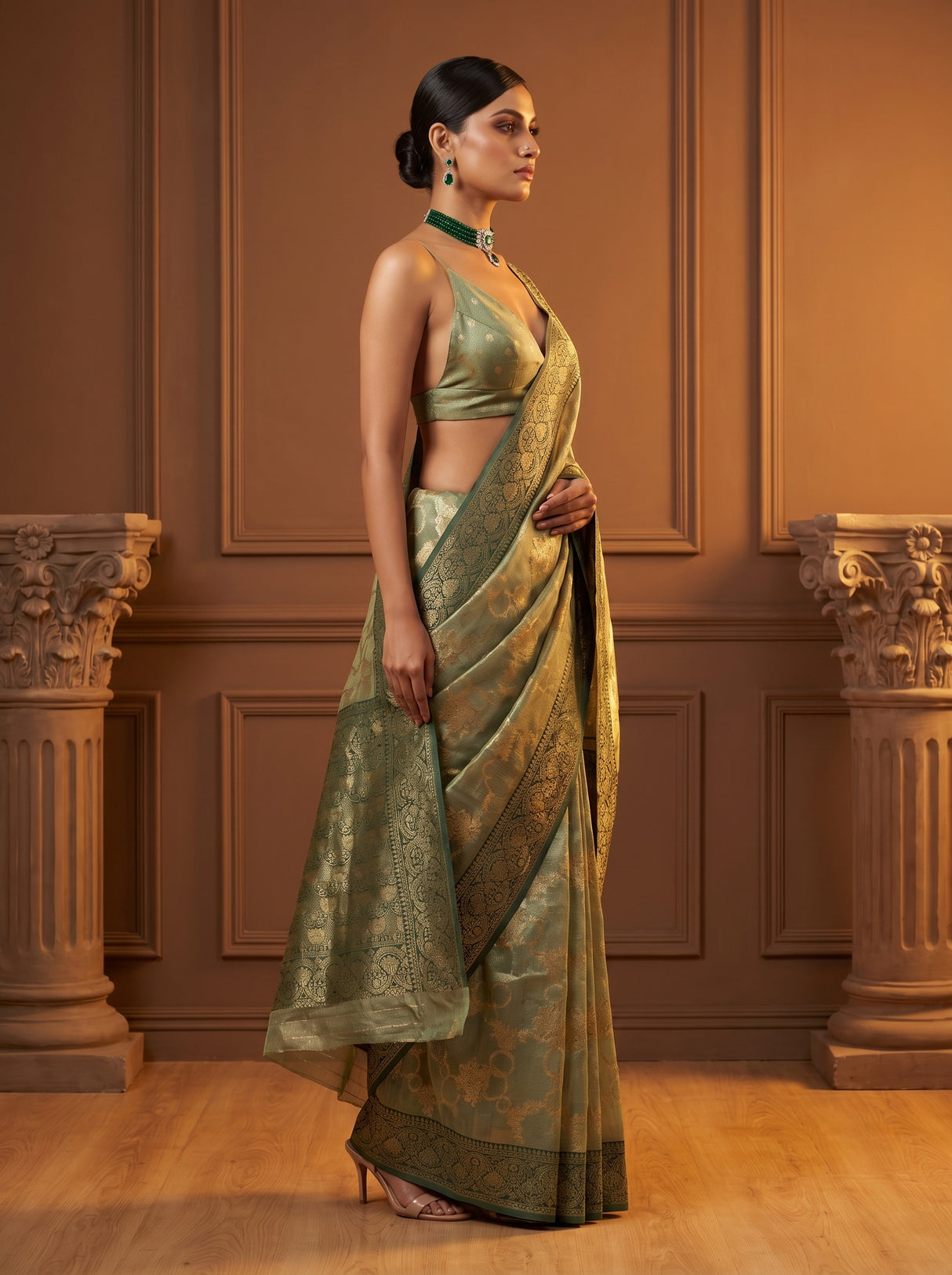 MIMOSA Green Banarasi Art Silk Saree β pose 8 styling detail