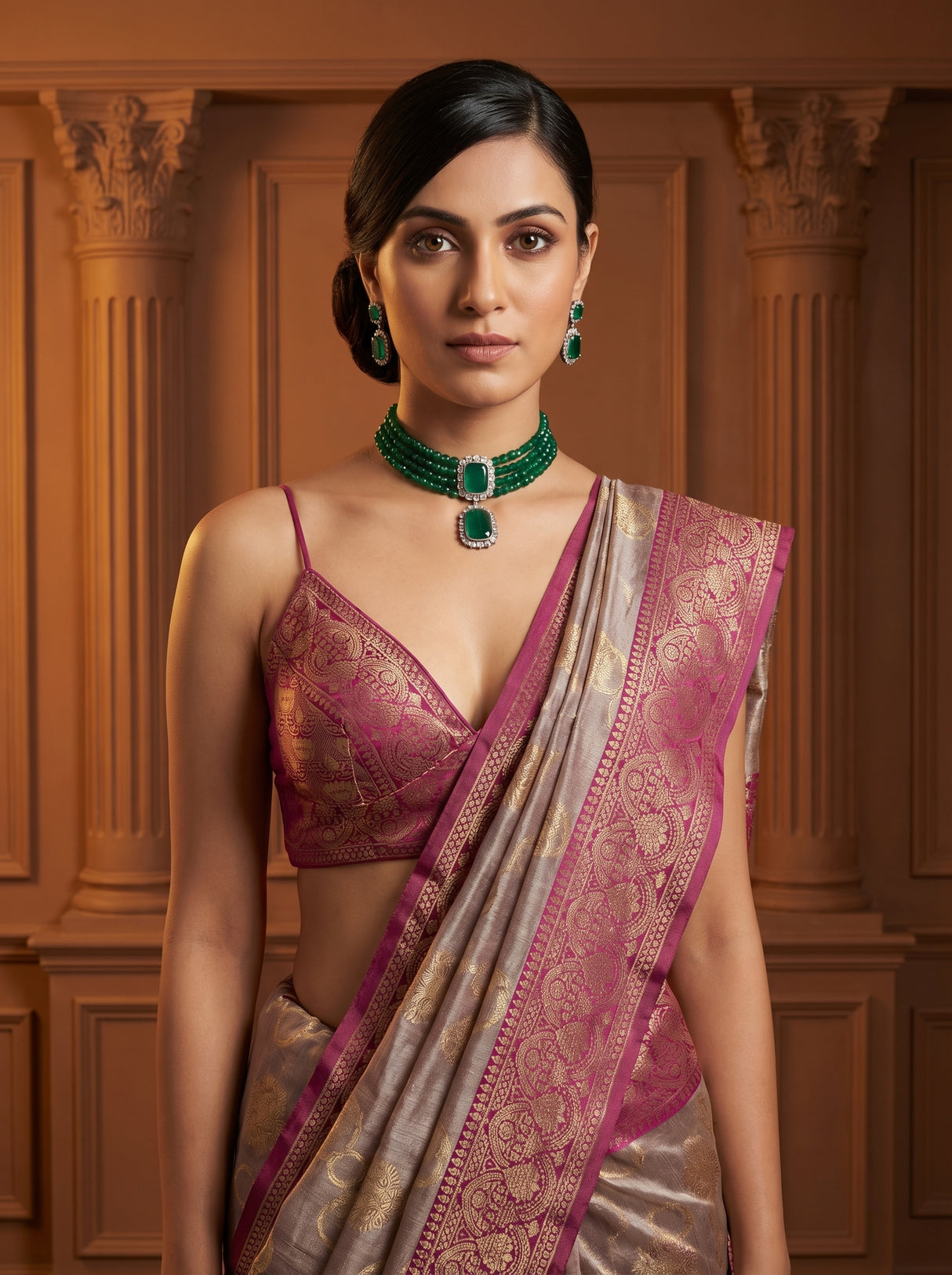 MIMOSA Magenta Banarasi Art Silk Saree β close-up of blouse and jewellery