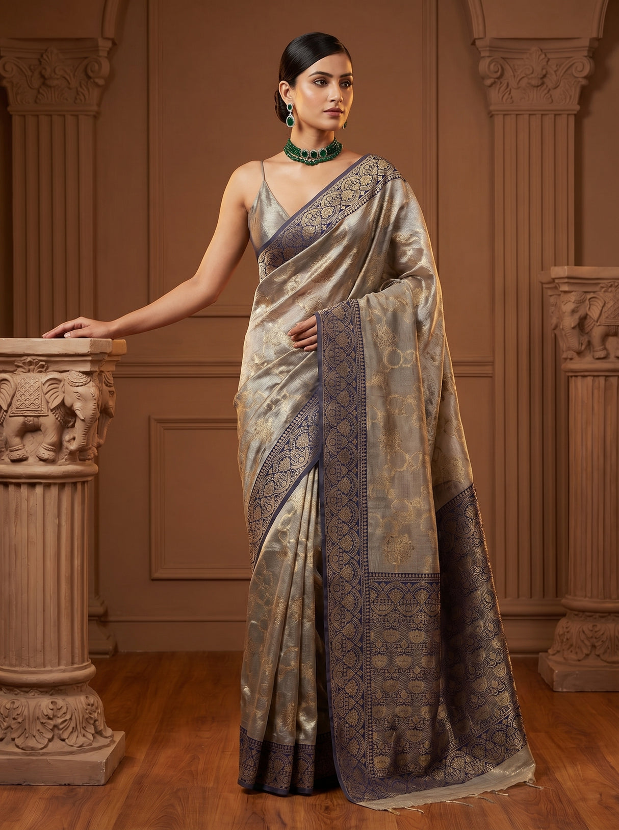 MIMOSA Navy Banarasi Art Silk Saree β detail of the zari border