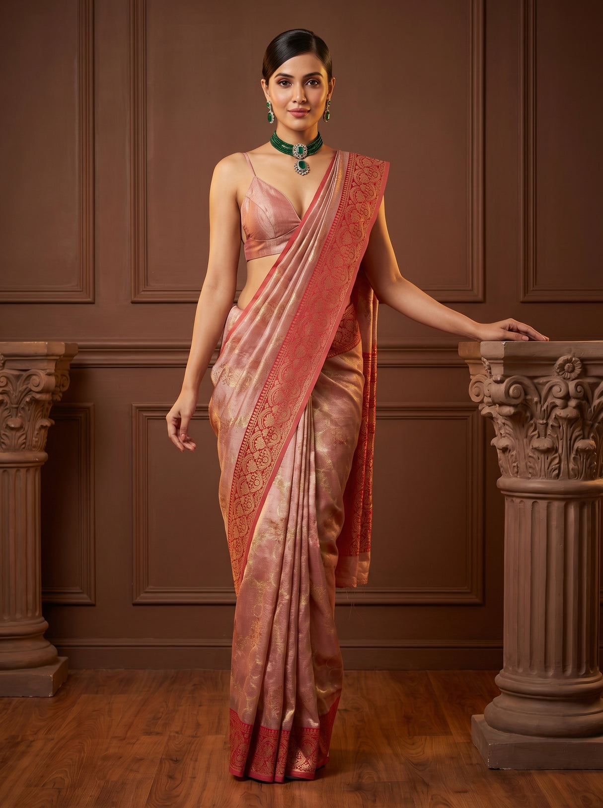 MIMOSA Rani Banarasi Art Silk Saree β close-up of blouse and jewellery