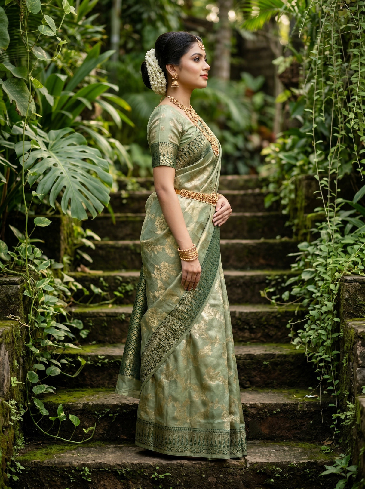MIMOSA Green Banarasi Art Silk Saree - close-up of model's face and jewelry