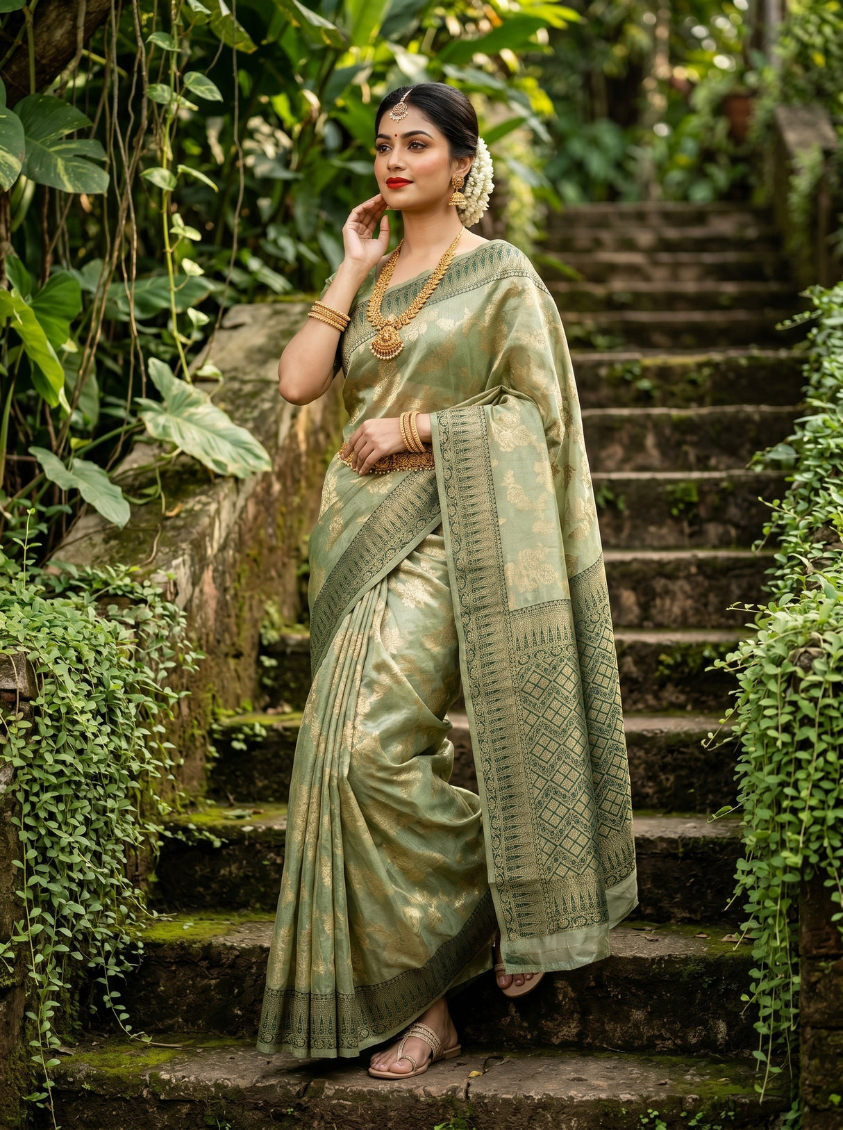 MIMOSA Green Banarasi Art Silk Saree - close-up of shoulder and foliage