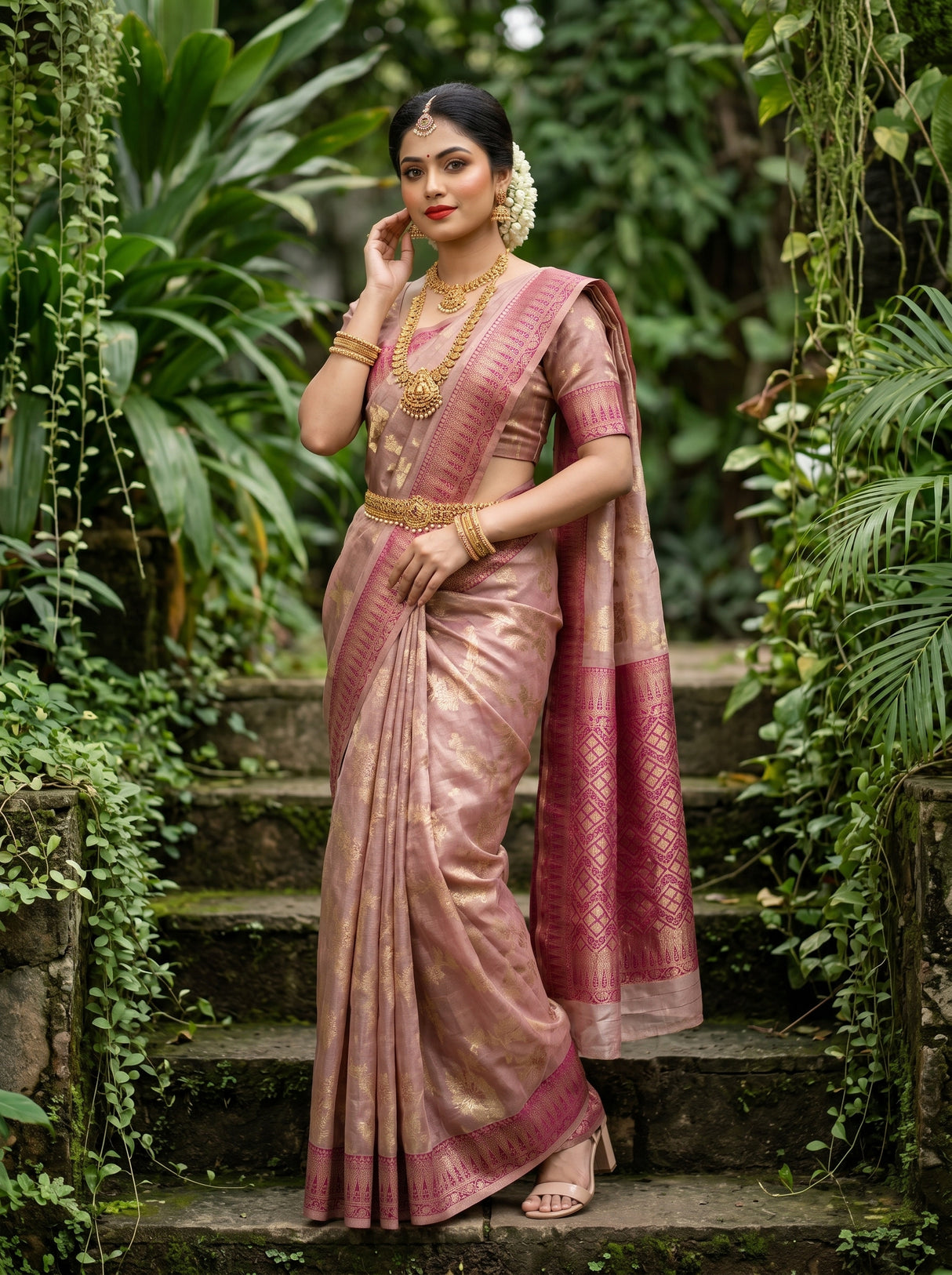 MIMOSA Magenta Banarasi Art Silk Saree - close-up of shoulder and foliage