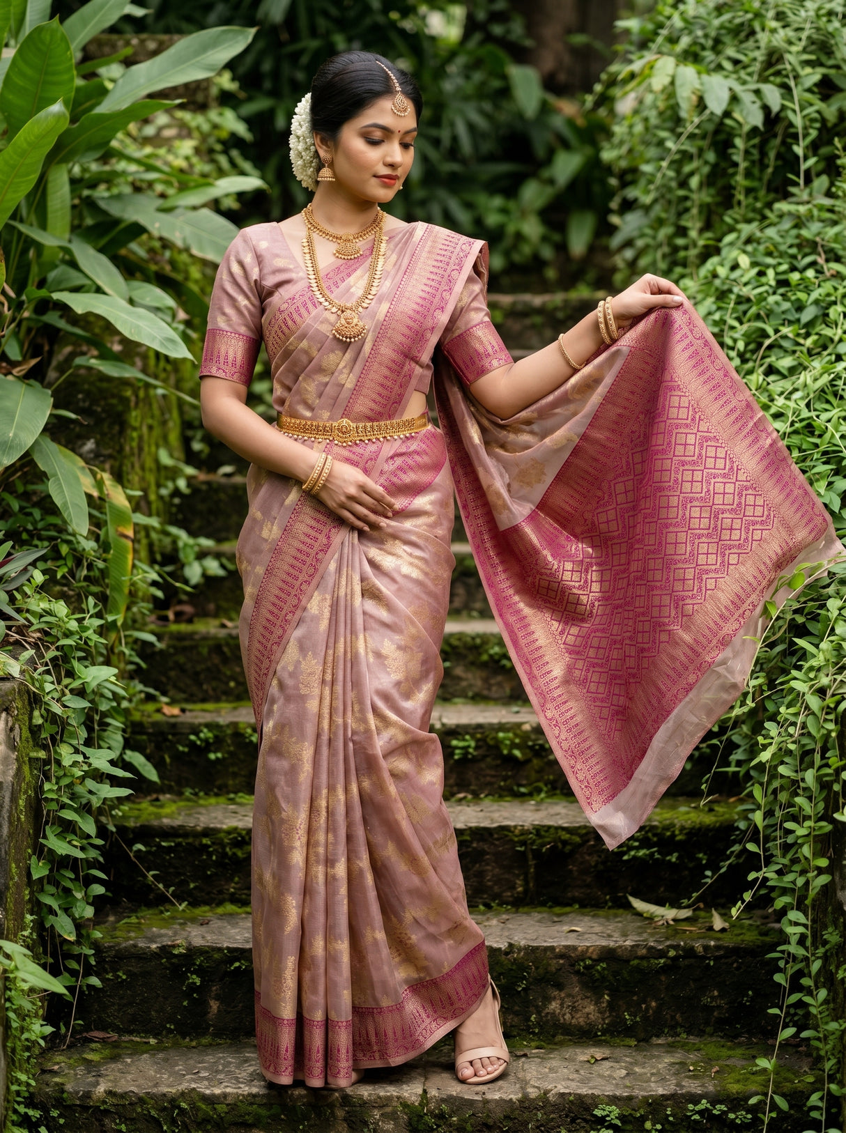 MIMOSA Magenta Banarasi Art Silk Saree - close-up of model's arm and bangles
