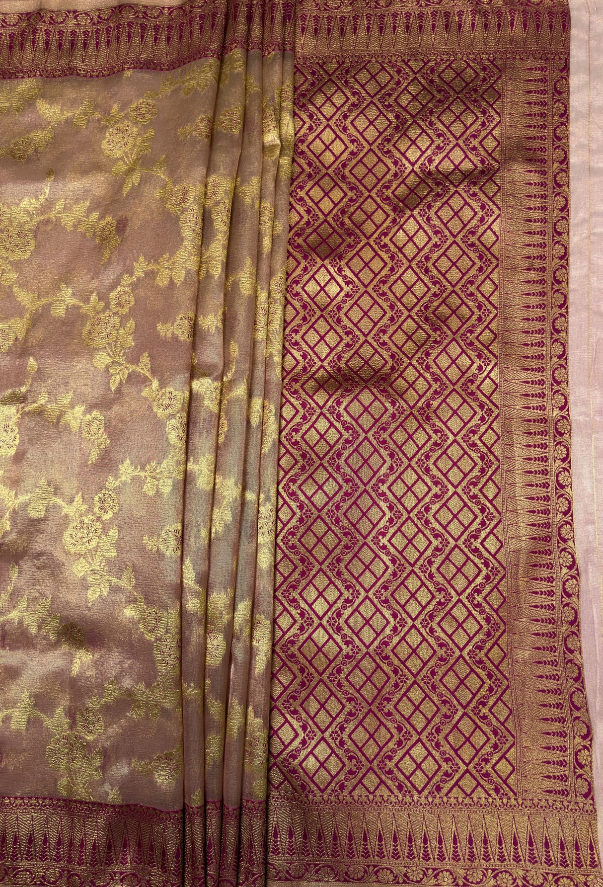 MIMOSA Magenta Banarasi Art Silk Saree - close-up of pallu detail near foliage