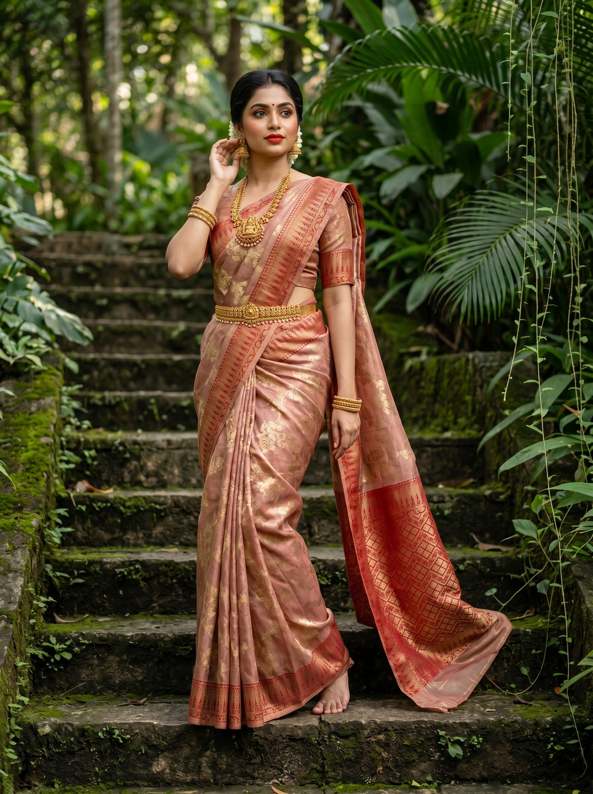 MIMOSA Maroon Banarasi Art Silk Saree - mid-section view showing pallu and belt
