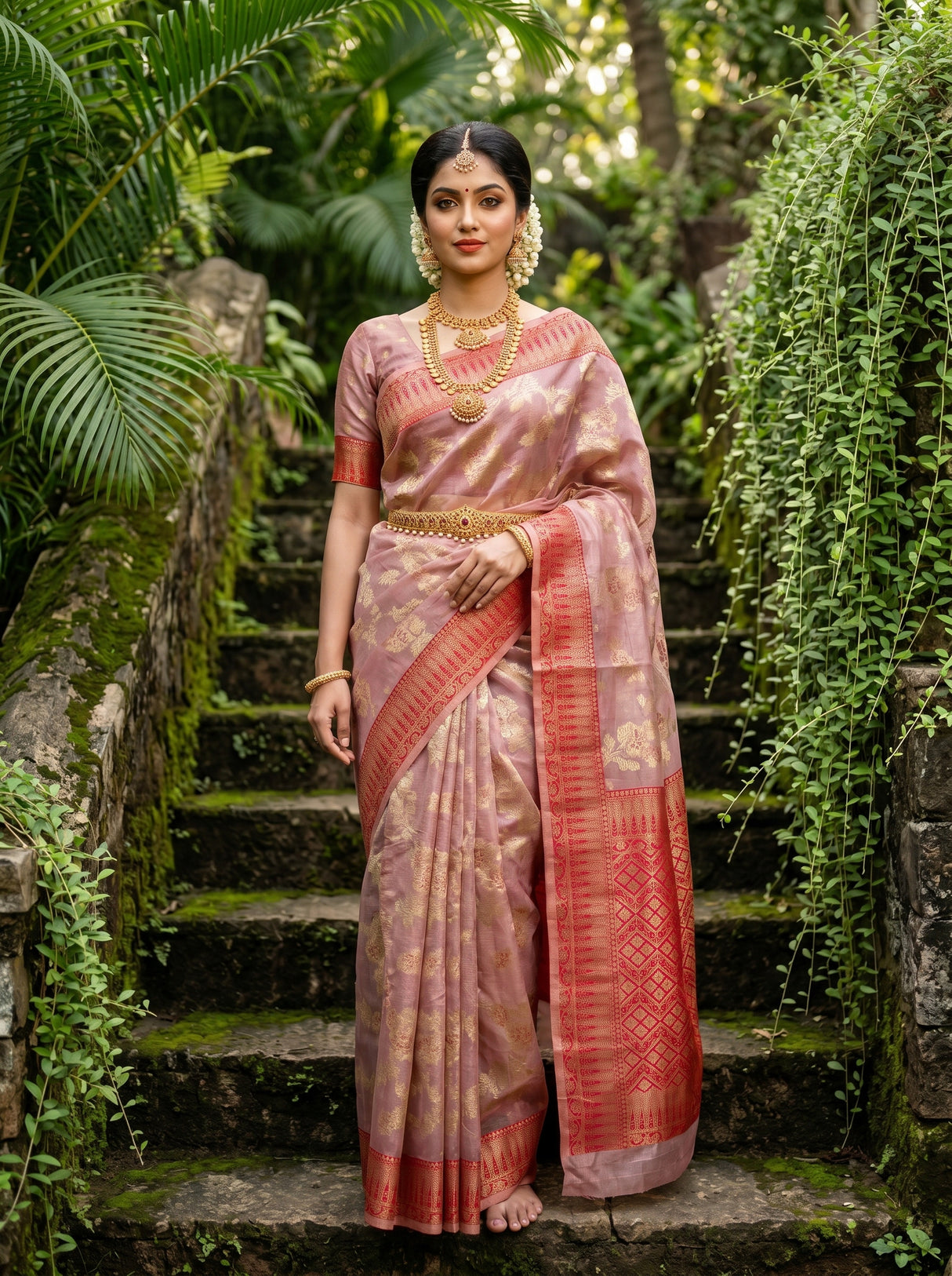 MIMOSA Rani Banarasi Art Silk Saree - full length view on model standing on stairs