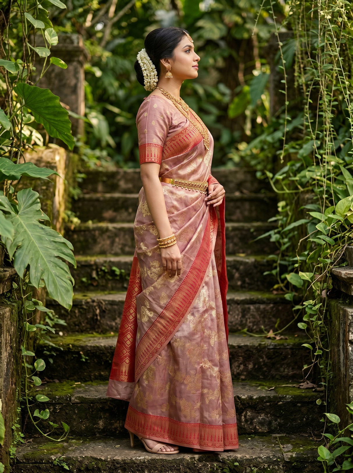 MIMOSA Rani Banarasi Art Silk Saree - close-up of model's face and jewelry