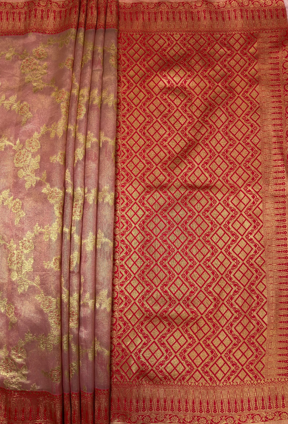 MIMOSA Rani Banarasi Art Silk Saree - close-up of pallu detail near foliage