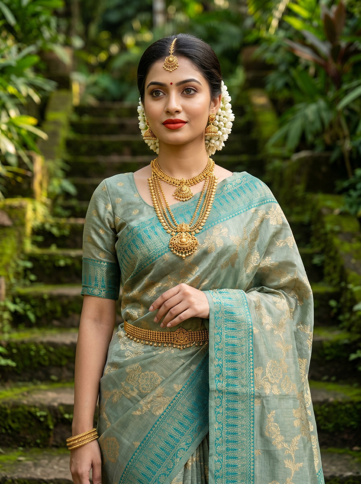 MIMOSA Saffire Banarasi Art Silk Saree - close-up of hand and bangles near stairs