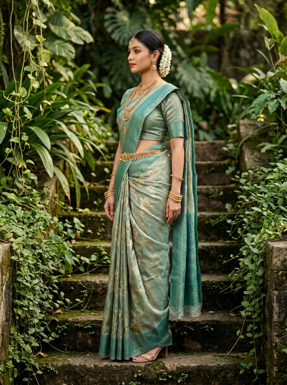 MIMOSA Saffire Banarasi Art Silk Saree - close-up of model's face and jewelry