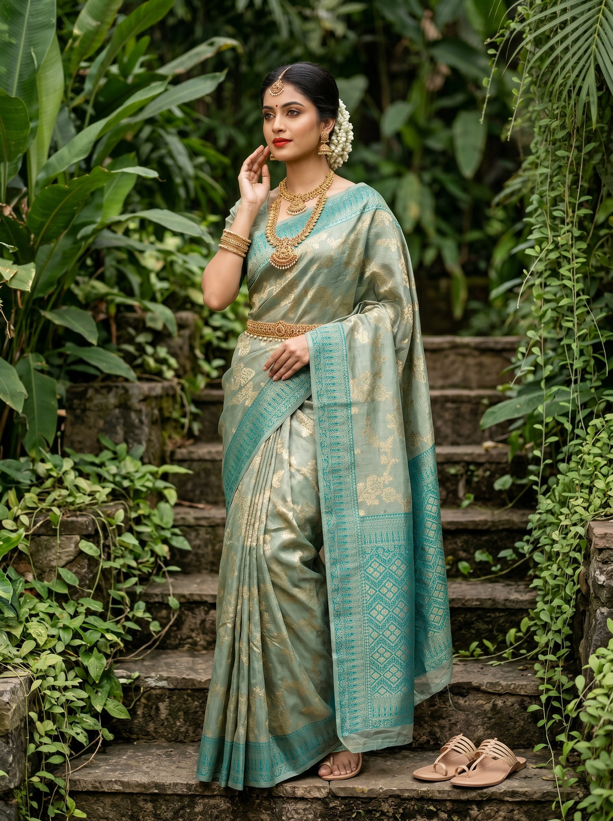 MIMOSA Saffire Banarasi Art Silk Saree - close-up of shoulder and foliage