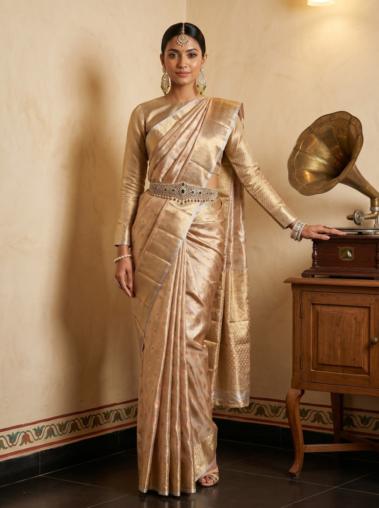 MIMOSA Chiku Banarasi Art Silk Saree — AI Model lifestyle pose 1