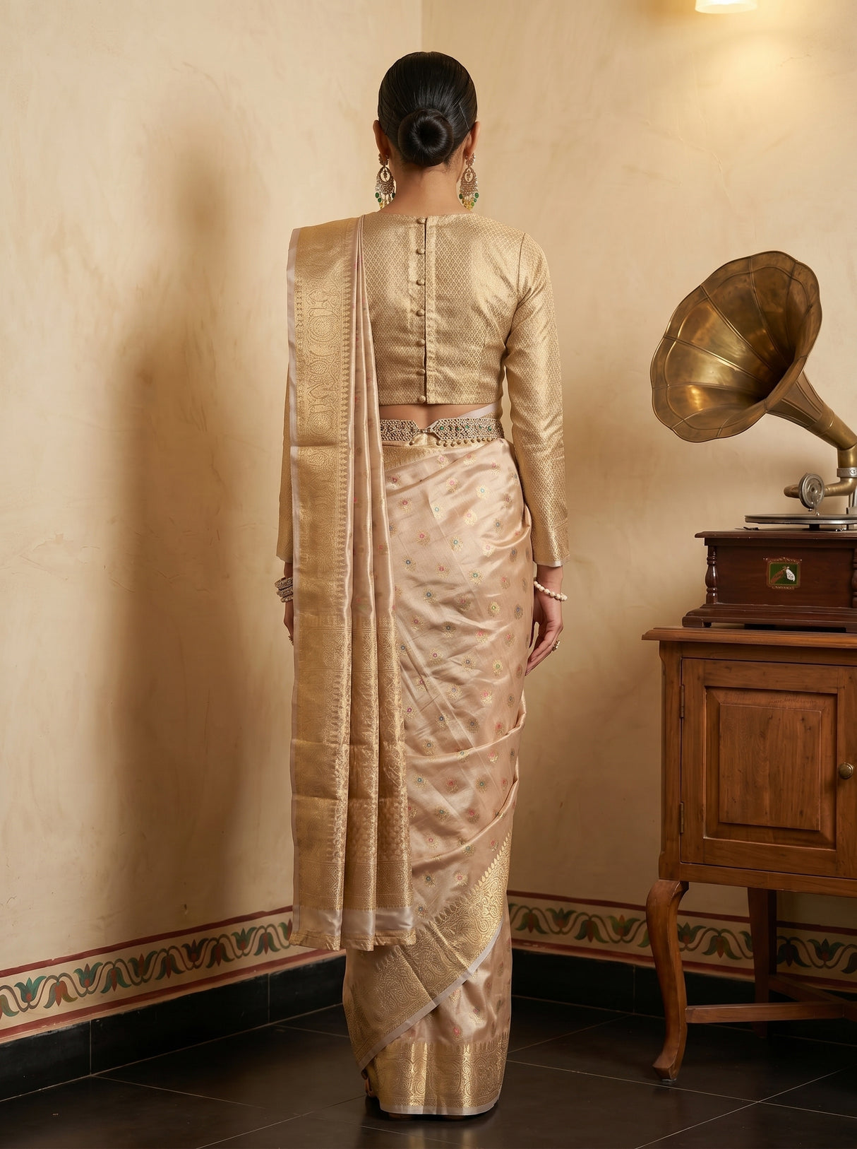 MIMOSA Chiku Banarasi Art Silk Saree — pose 2 styling detail