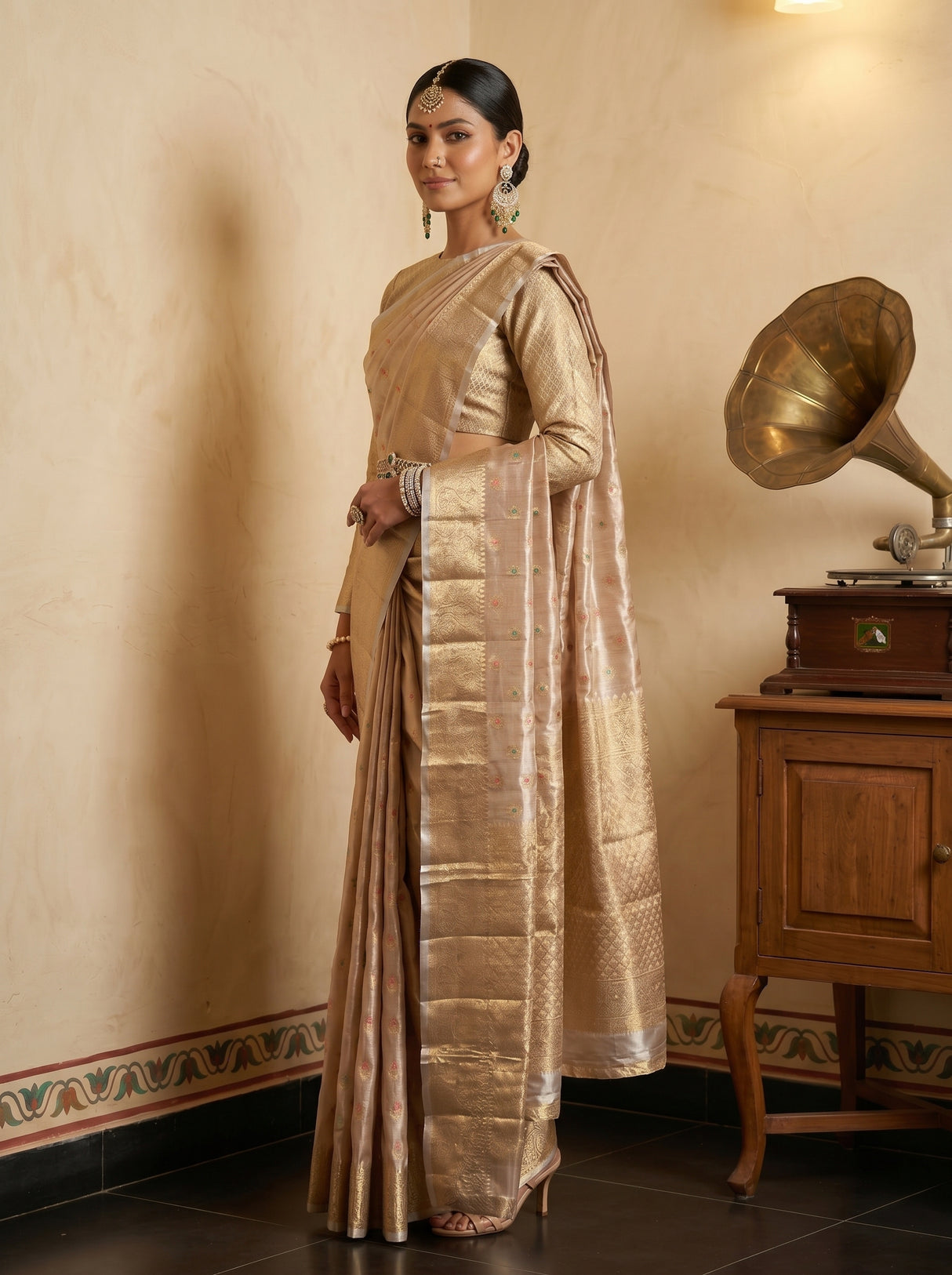 MIMOSA Chiku Banarasi Art Silk Saree — pose 3 styling detail
