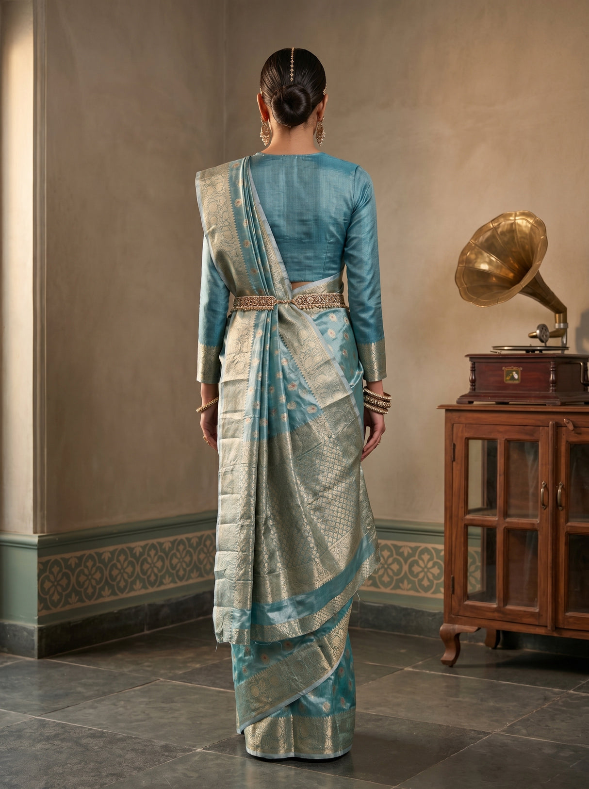 MIMOSA Sapphire Banarasi Art Silk Saree — pose 2 styling detail