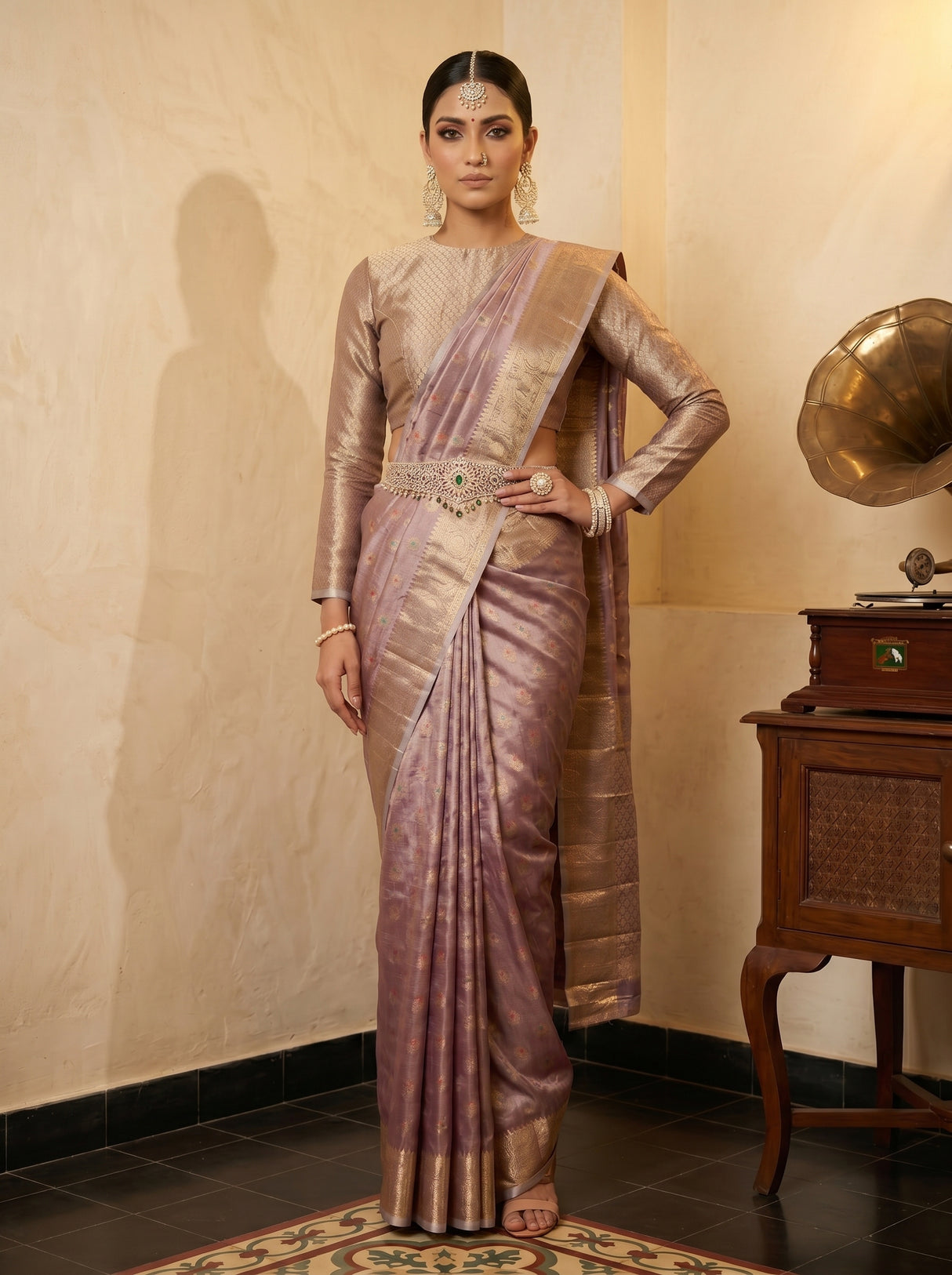 MIMOSA Wine Banarasi Art Silk Saree — pose 4 styling detail