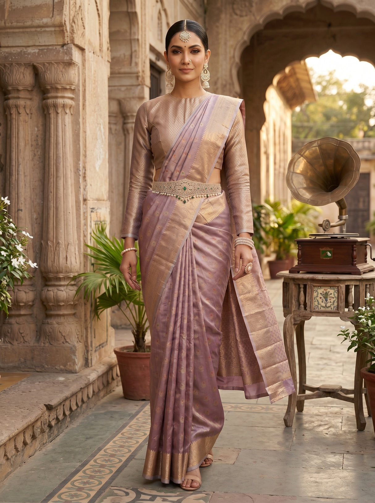 MIMOSA Wine Banarasi Art Silk Saree — pose 6 styling detail