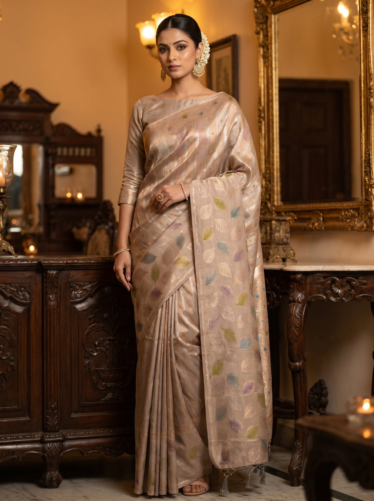 MIMOSA Grey Banarasi Art Silk Saree β front view on mannequin