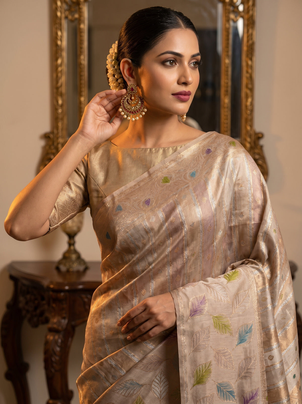MIMOSA Grey Banarasi Art Silk Saree β pose 10 styling detail