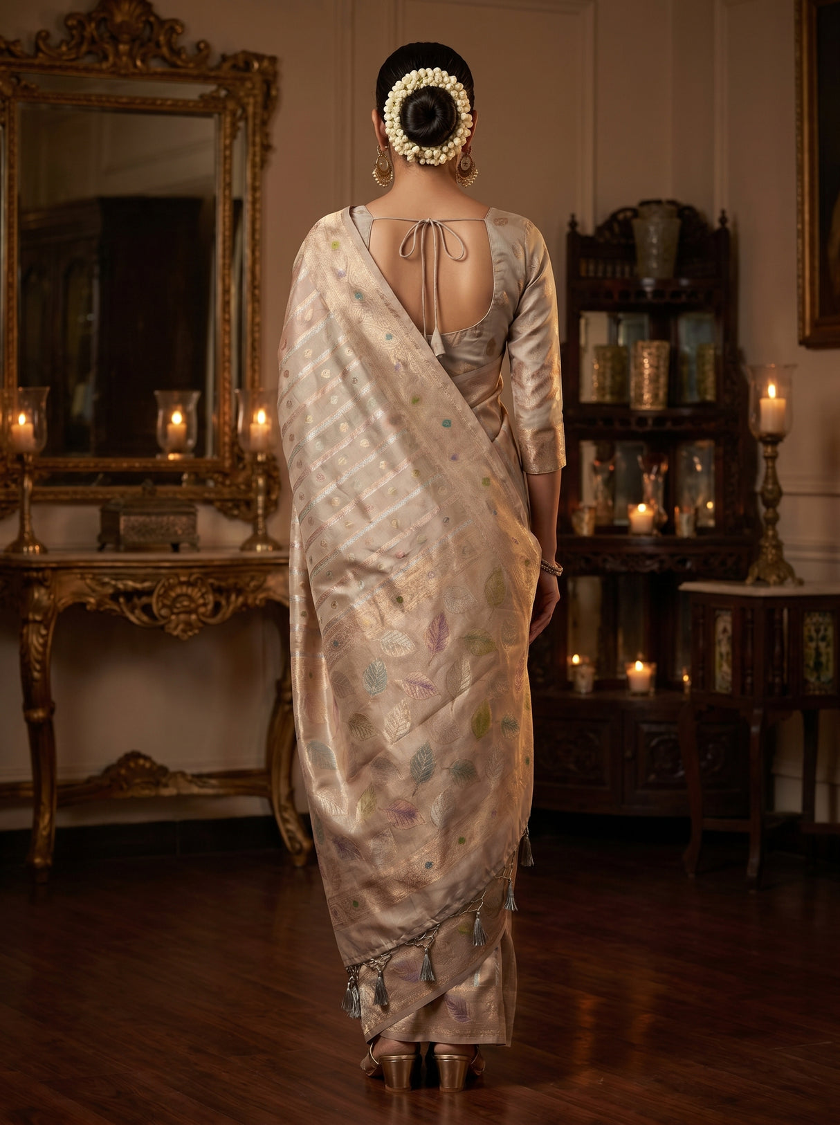 MIMOSA Grey Banarasi Art Silk Saree β pose 2 styling detail