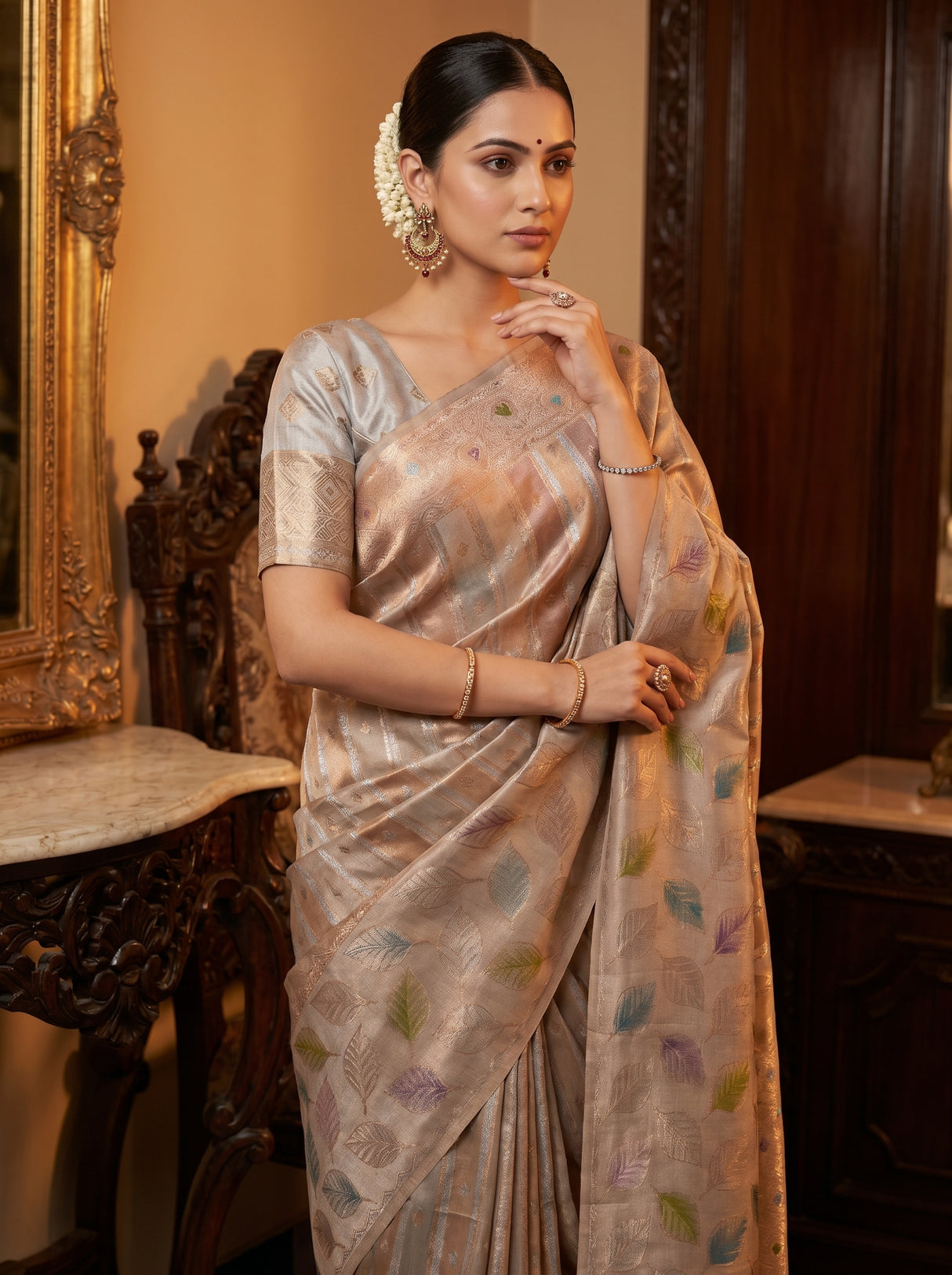MIMOSA Grey Banarasi Art Silk Saree β pose 4 styling detail