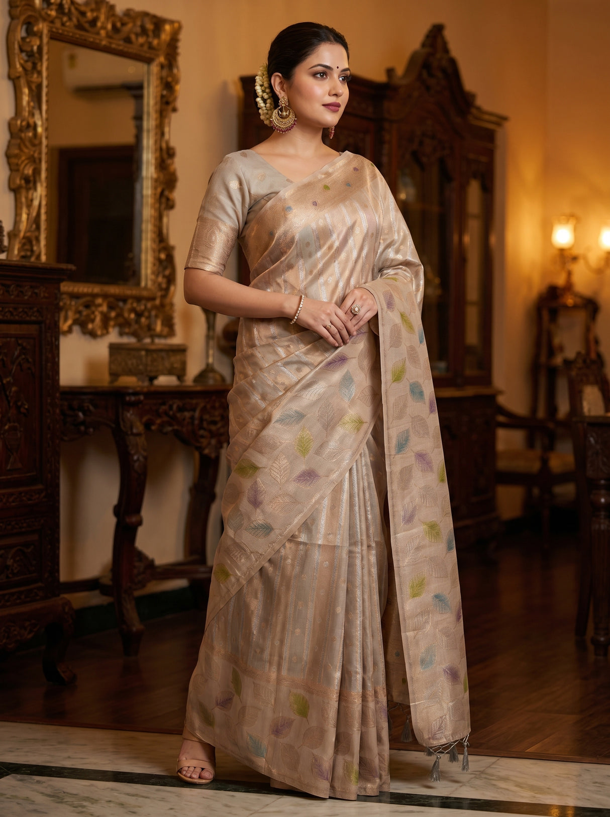 MIMOSA Grey Banarasi Art Silk Saree β pose 5 styling detail