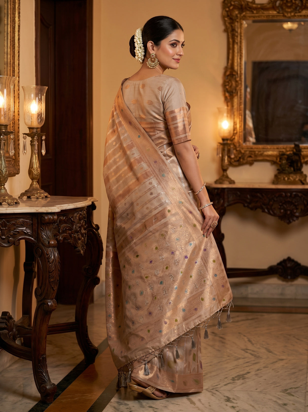 MIMOSA Grey Banarasi Art Silk Saree β pose 9 styling detail