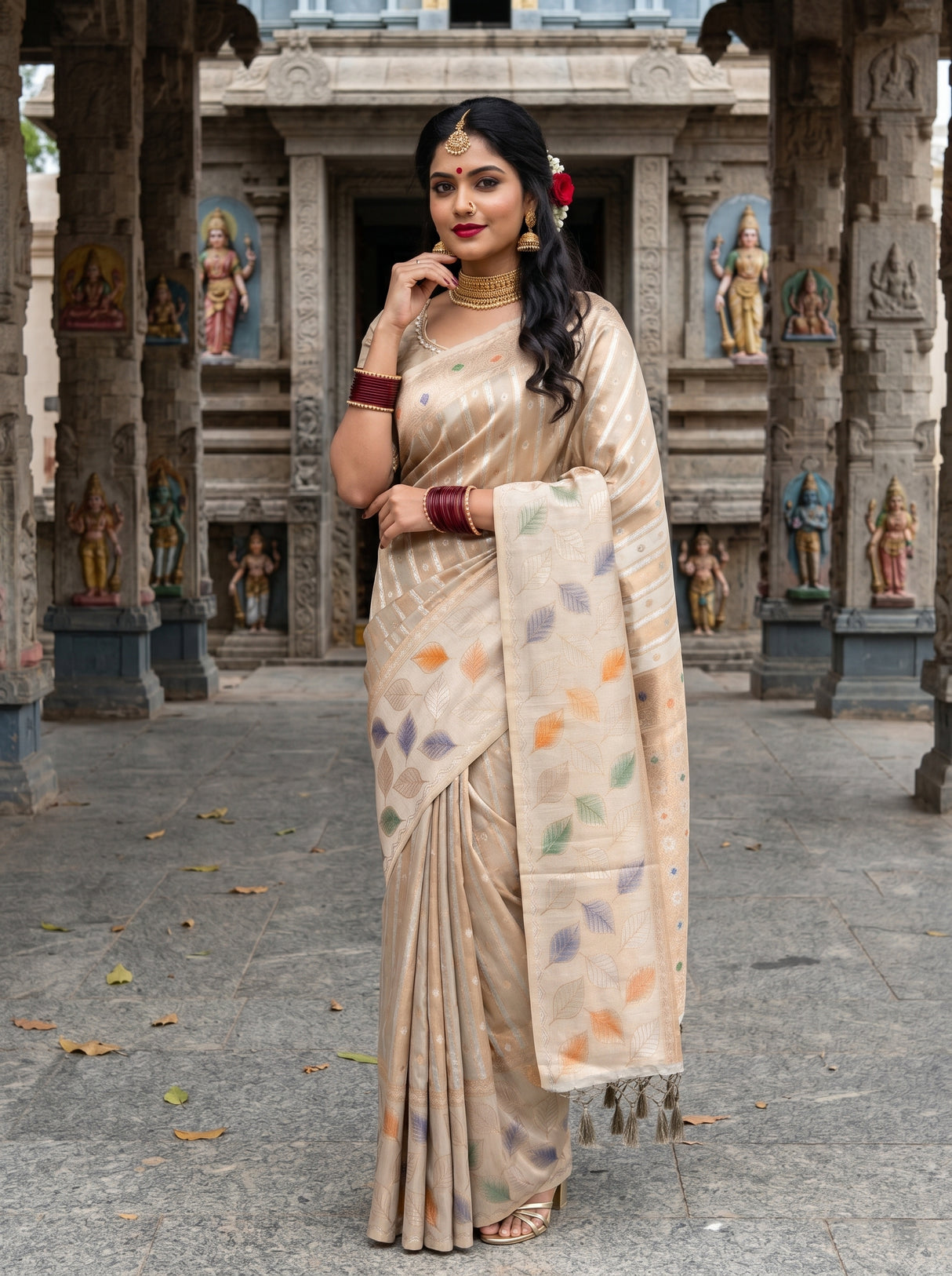 MIMOSA Half White Banarasi Art Silk Saree β pose 7 styling detail