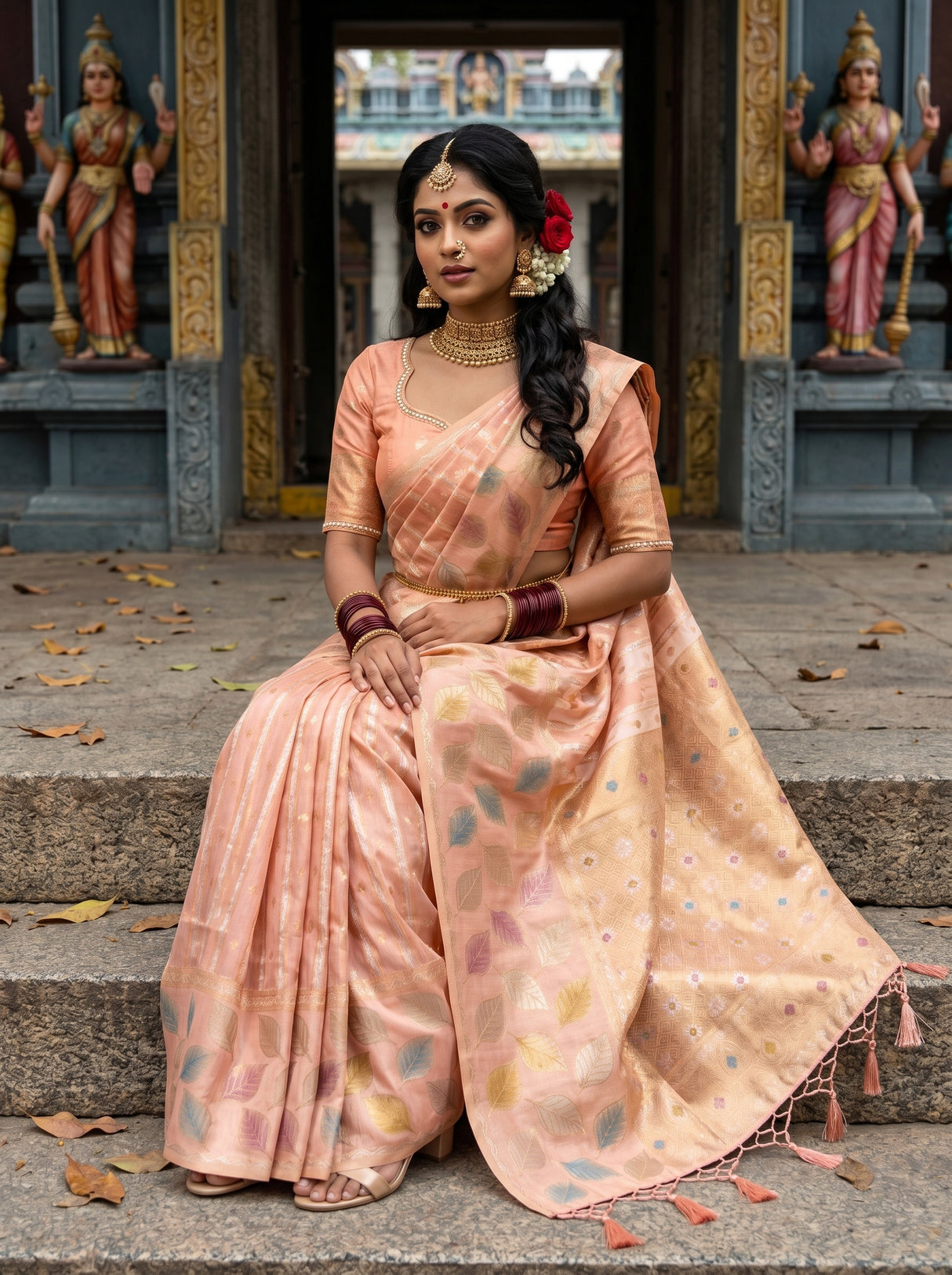 MIMOSA Peach Banarasi Art Silk Saree β pose 8 styling detail