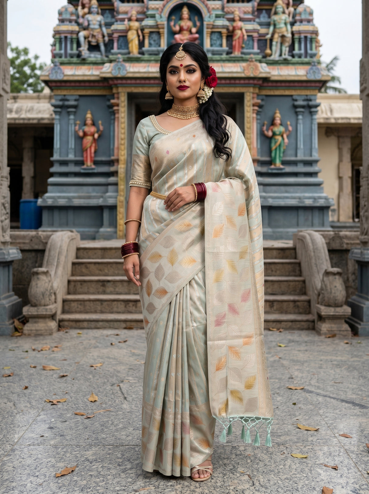 MIMOSA Rama Banarasi Art Silk Saree β front view on mannequin