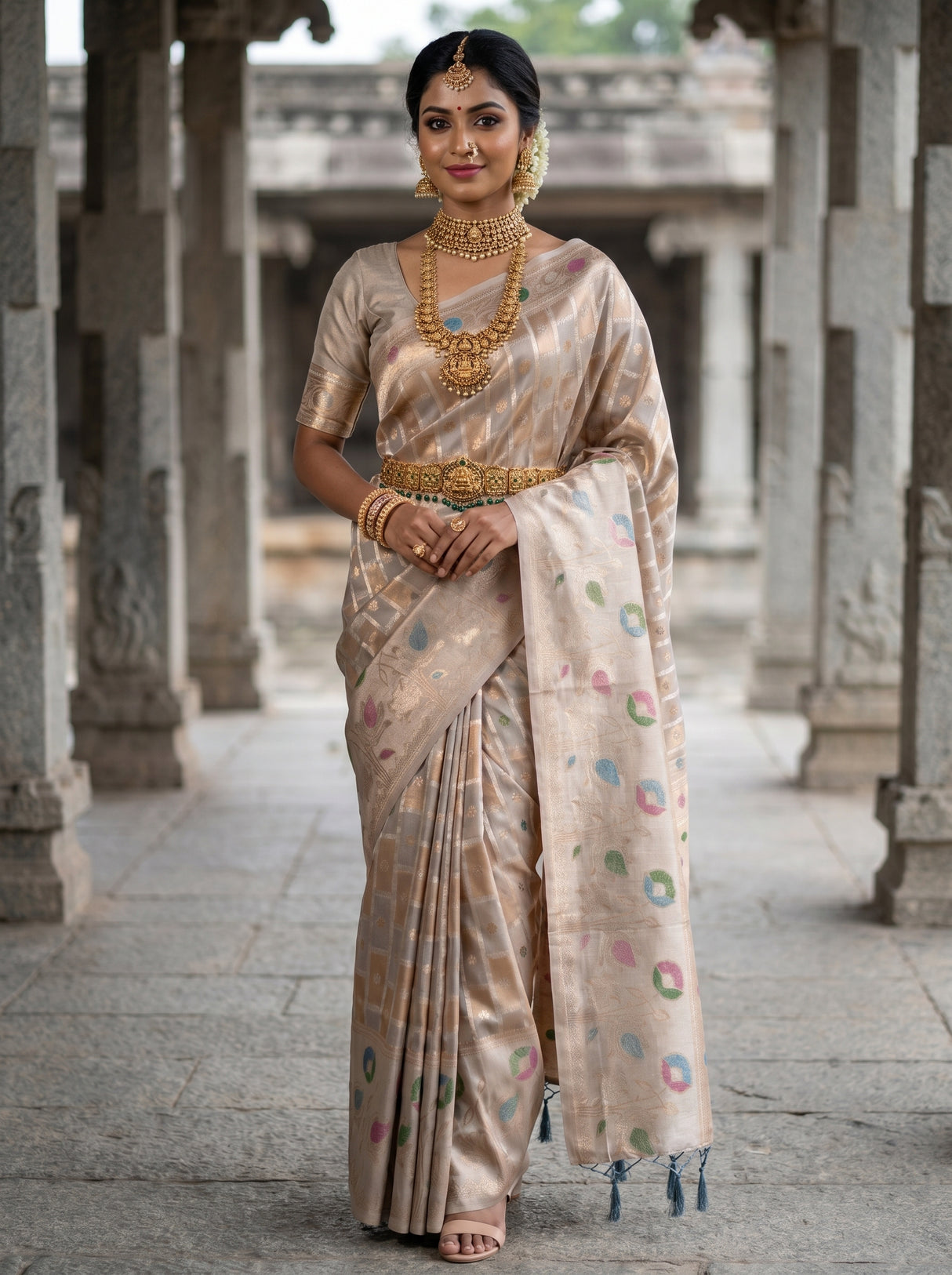 MIMOSA Grey Banarasi Art Silk Saree β Full view on model