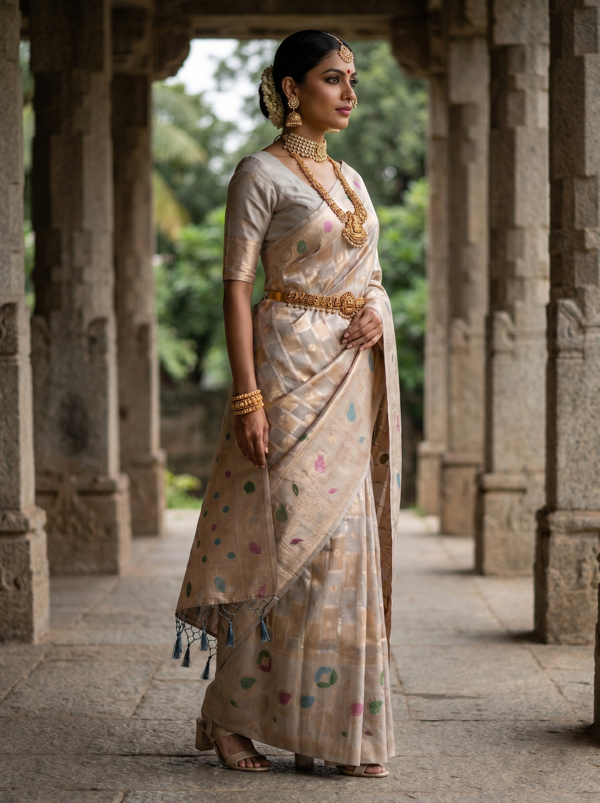 MIMOSA Grey Banarasi Art Silk Saree β Close-up of the border and hand pose