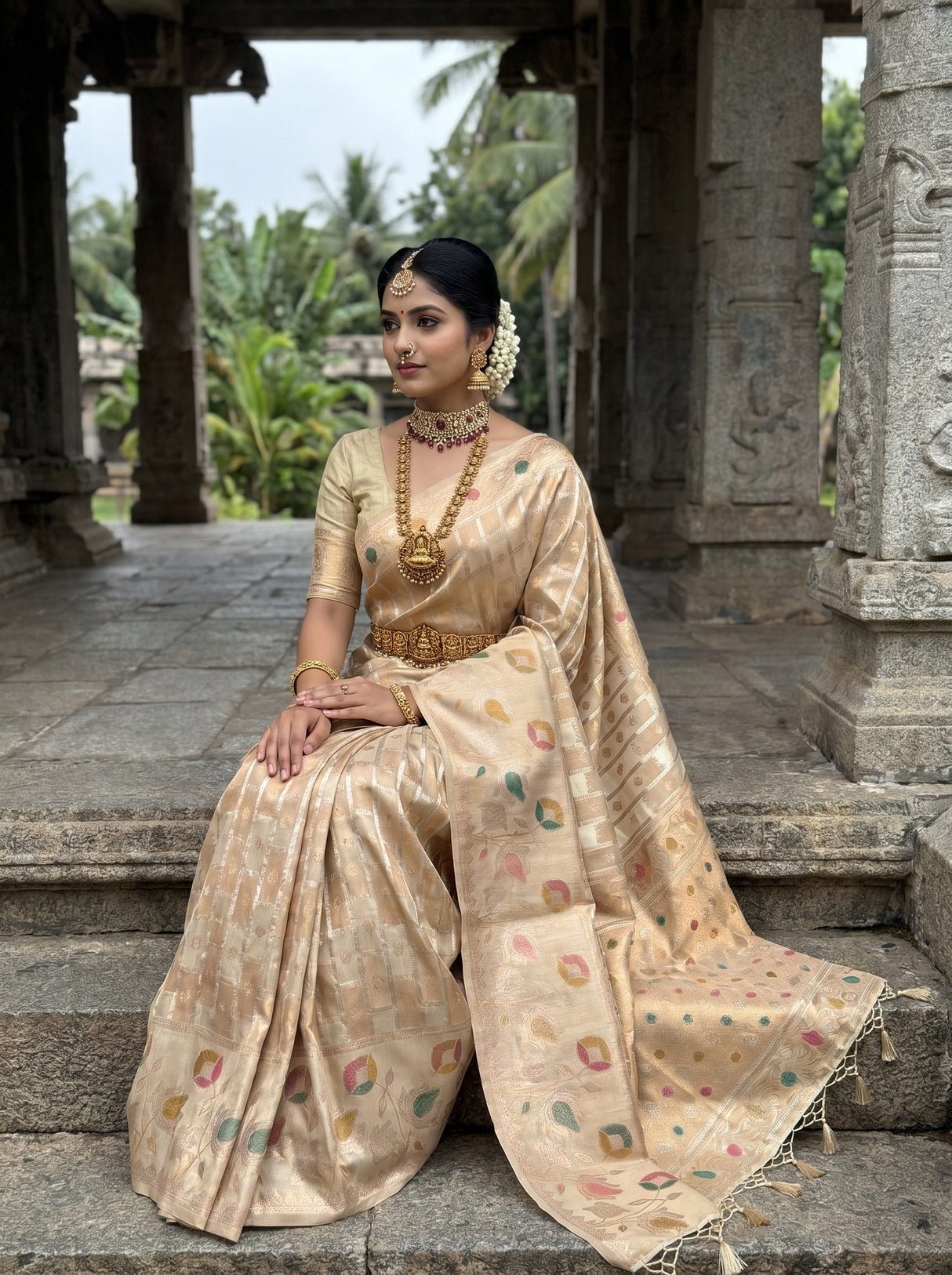 MIMOSA Half White Banarasi Art Silk Saree β View of the back and hairstyle