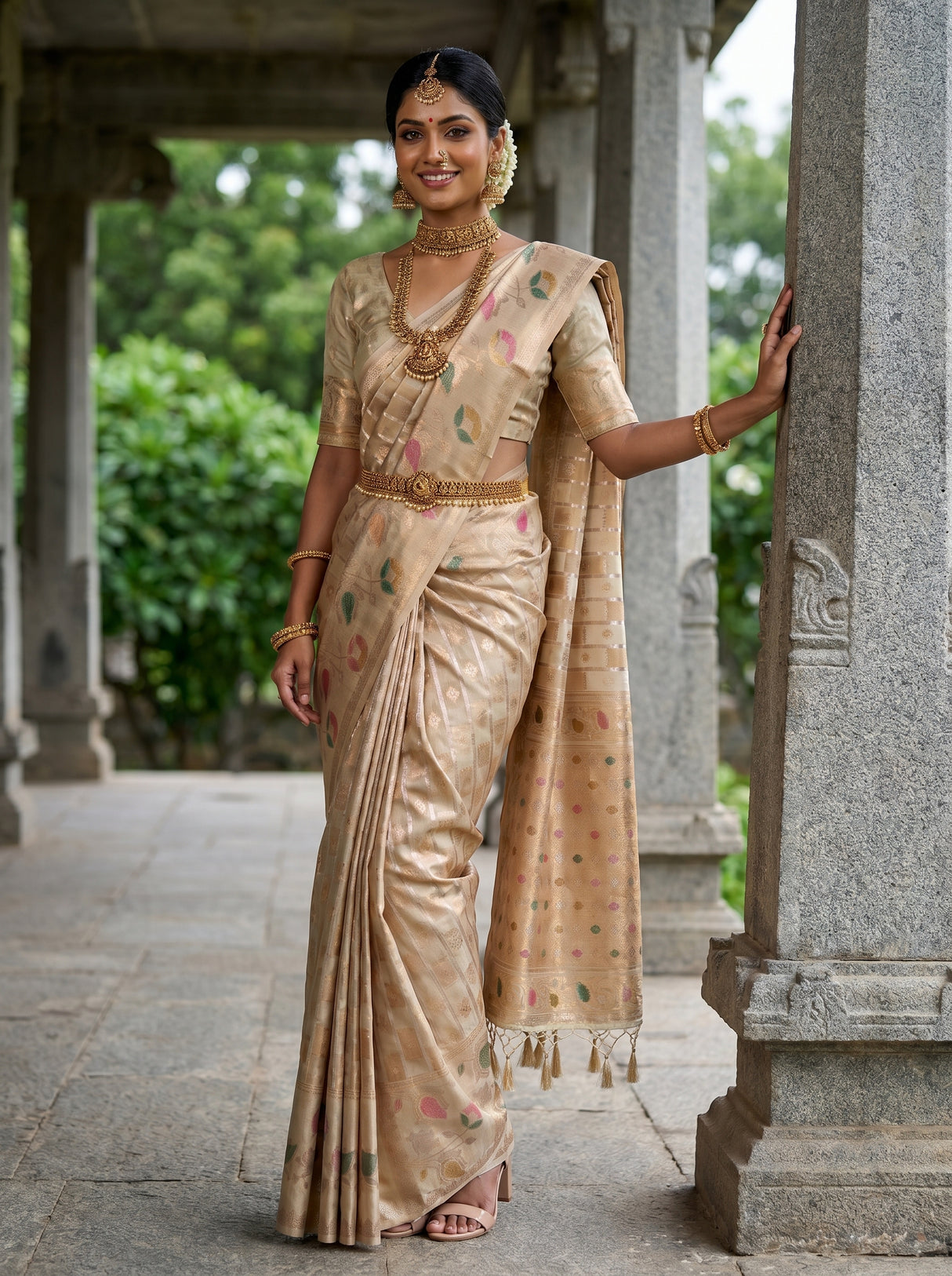 MIMOSA Half White Banarasi Art Silk Saree β Arm and bangle detail
