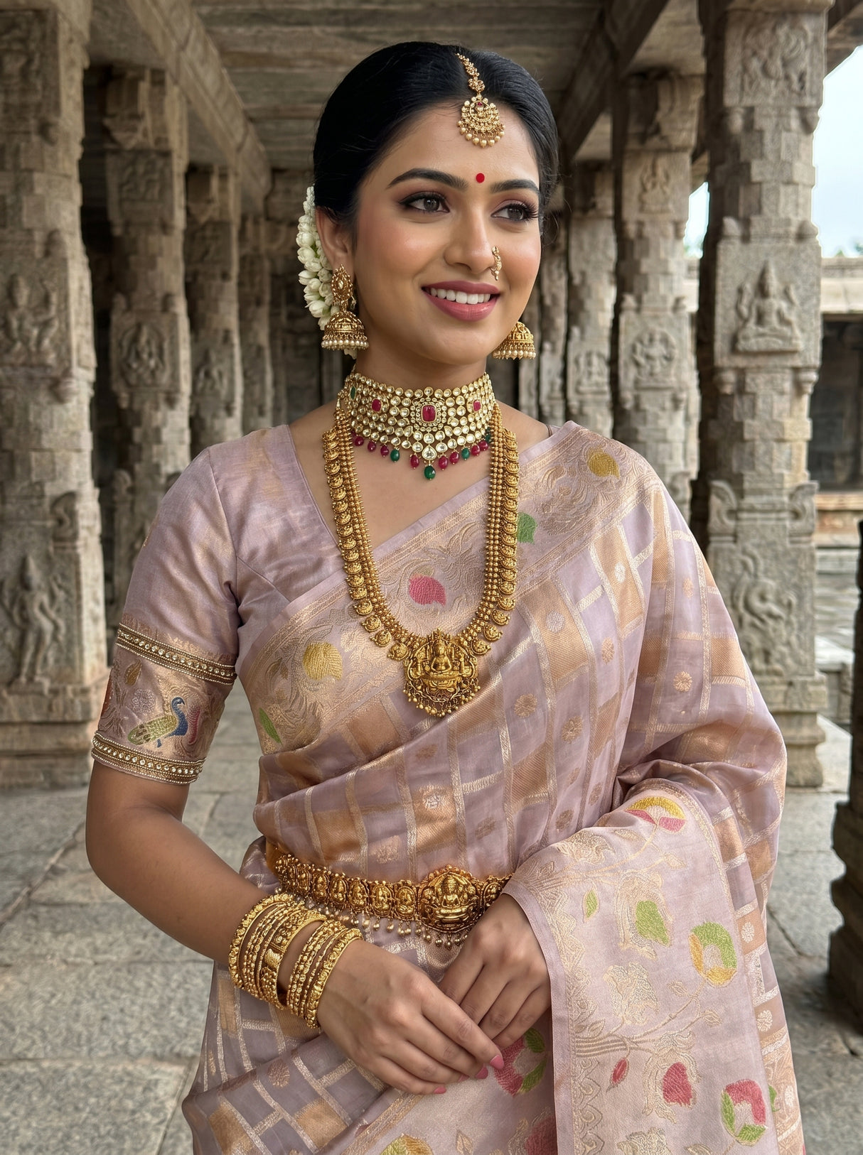 MIMOSA Lavender Banarasi Art Silk Saree β Side view of the model and background