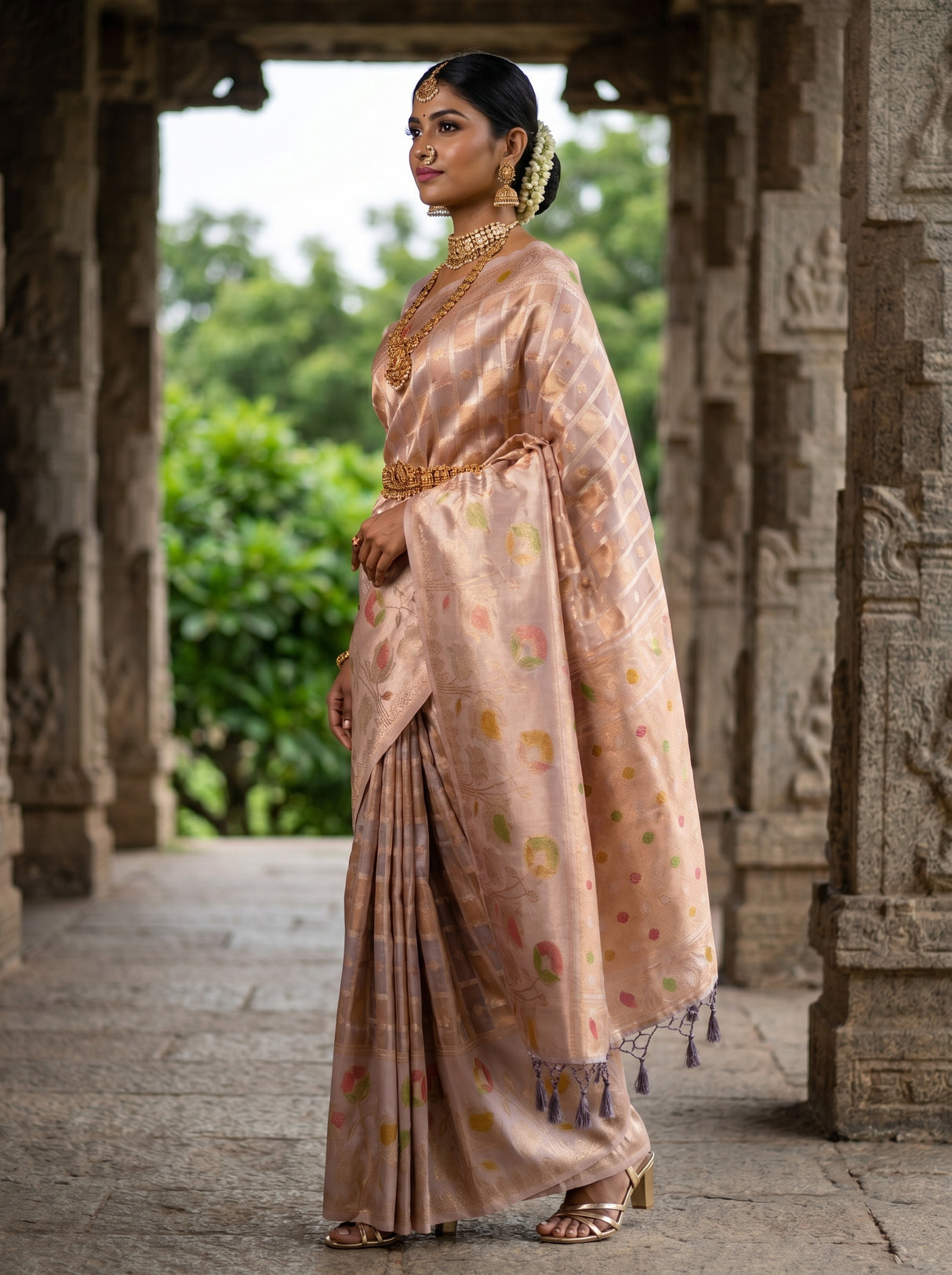MIMOSA Lavender Banarasi Art Silk Saree β Face and jewelry detail