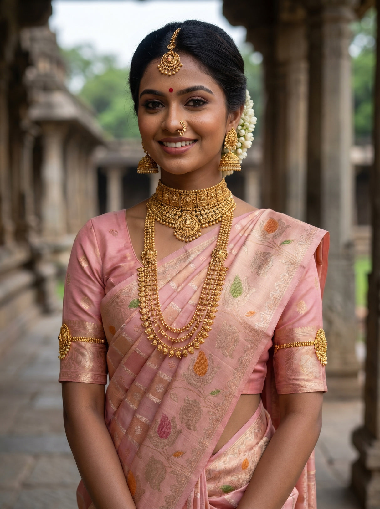MIMOSA Peach Banarasi Art Silk Saree β Torso view showing blouse and pallu drape
