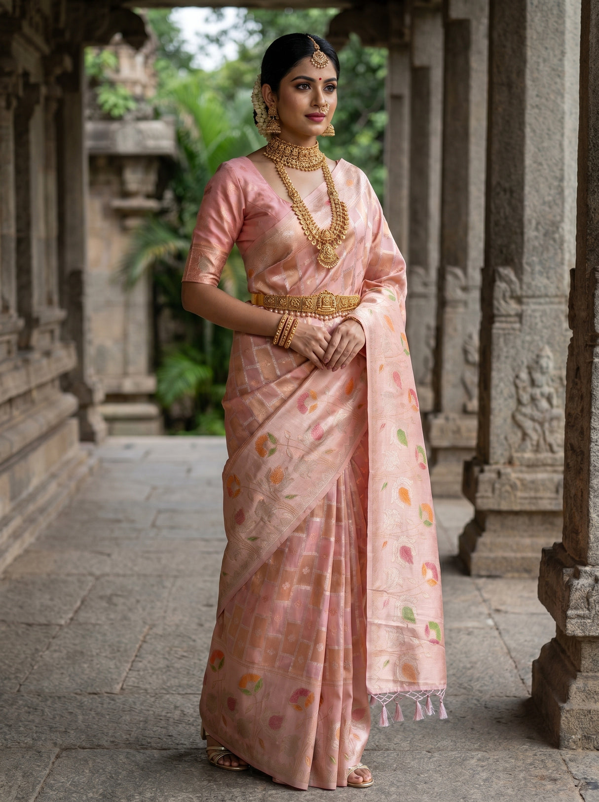 MIMOSA Peach Banarasi Art Silk Saree β View of the back and hairstyle