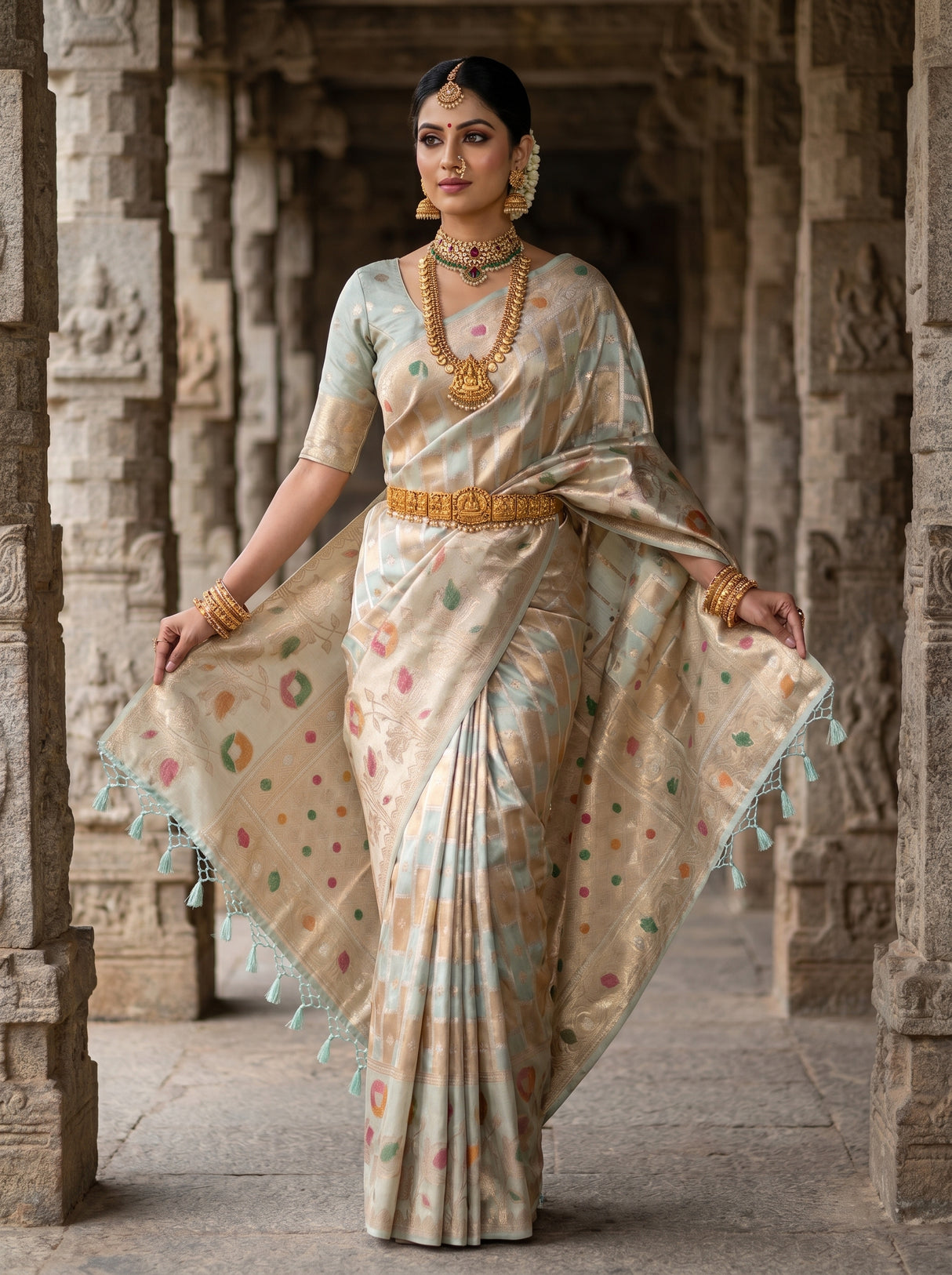MIMOSA Saffire Banarasi Art Silk Saree β Torso view showing blouse and pallu drape