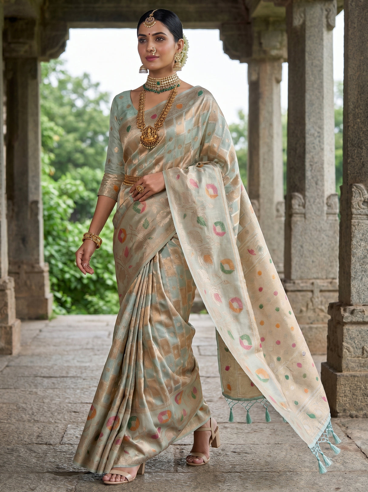 MIMOSA Saffire Banarasi Art Silk Saree β Side view of the model and background
