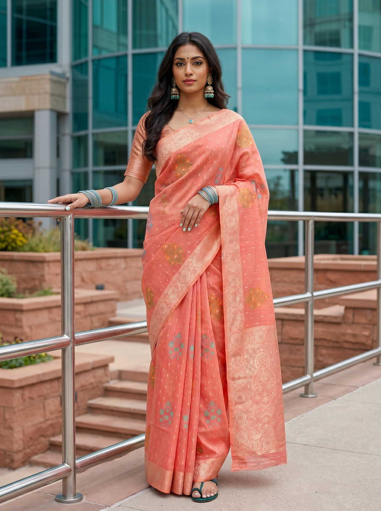 MIMOSA Gajari Banarasi Linen Saree — AI Model lifestyle / pose 1