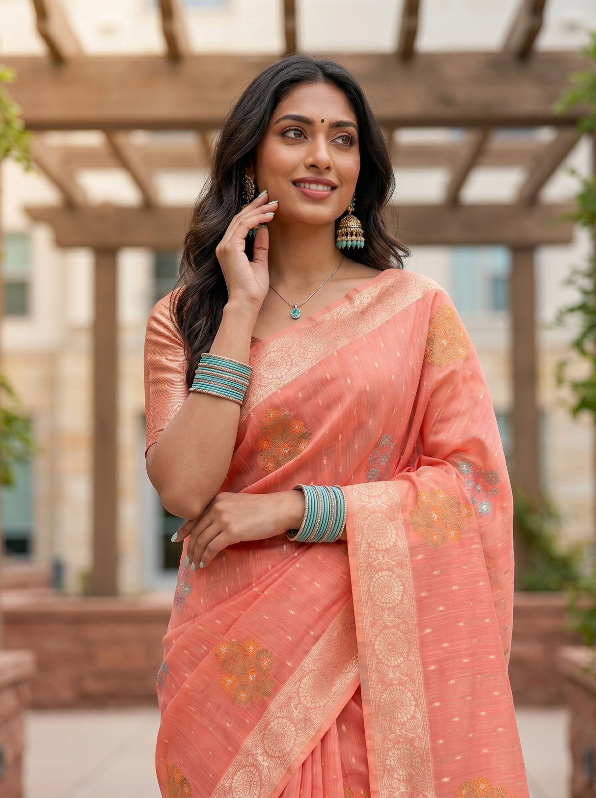 MIMOSA Gajari Banarasi Linen Saree — pose 10 styling detail