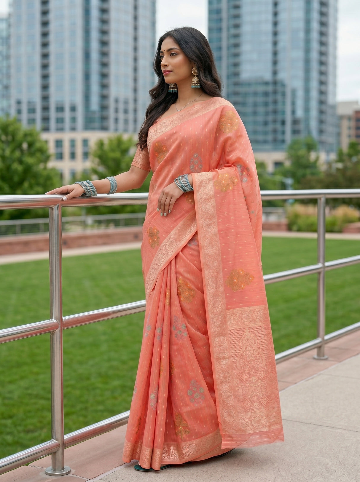 MIMOSA Gajari Banarasi Linen Saree — pose 3 styling detail