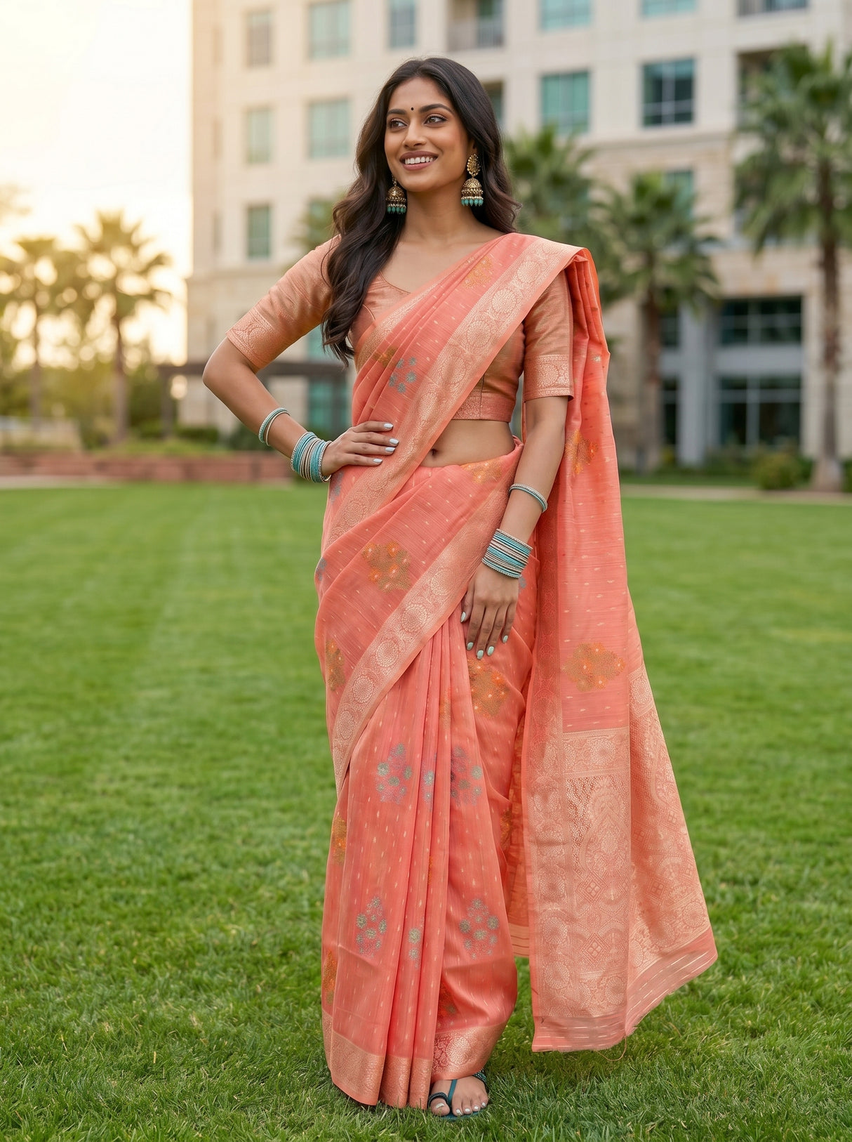 MIMOSA Gajari Banarasi Linen Saree — pose 4 styling detail