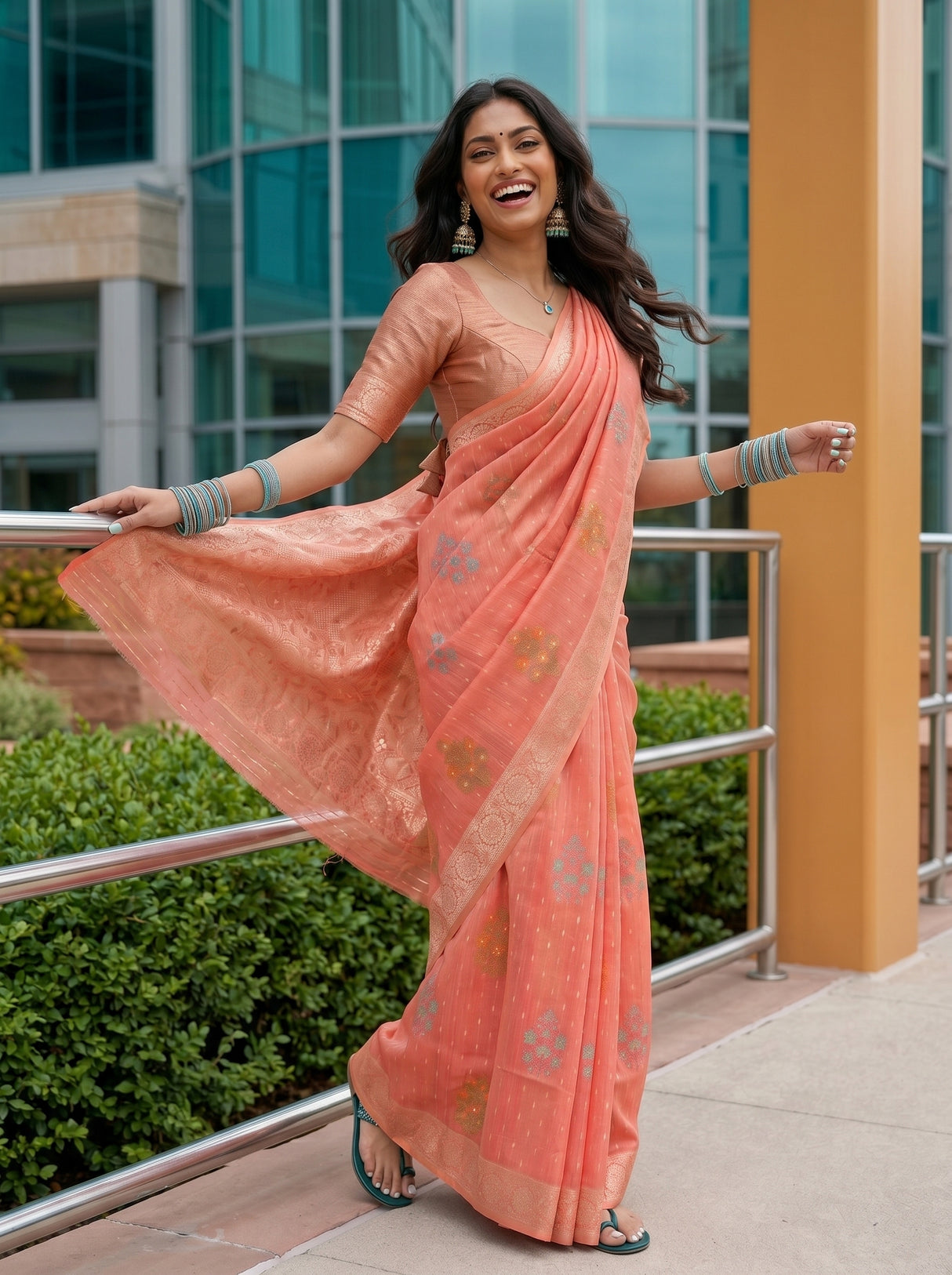 MIMOSA Gajari Banarasi Linen Saree — pose 5 styling detail