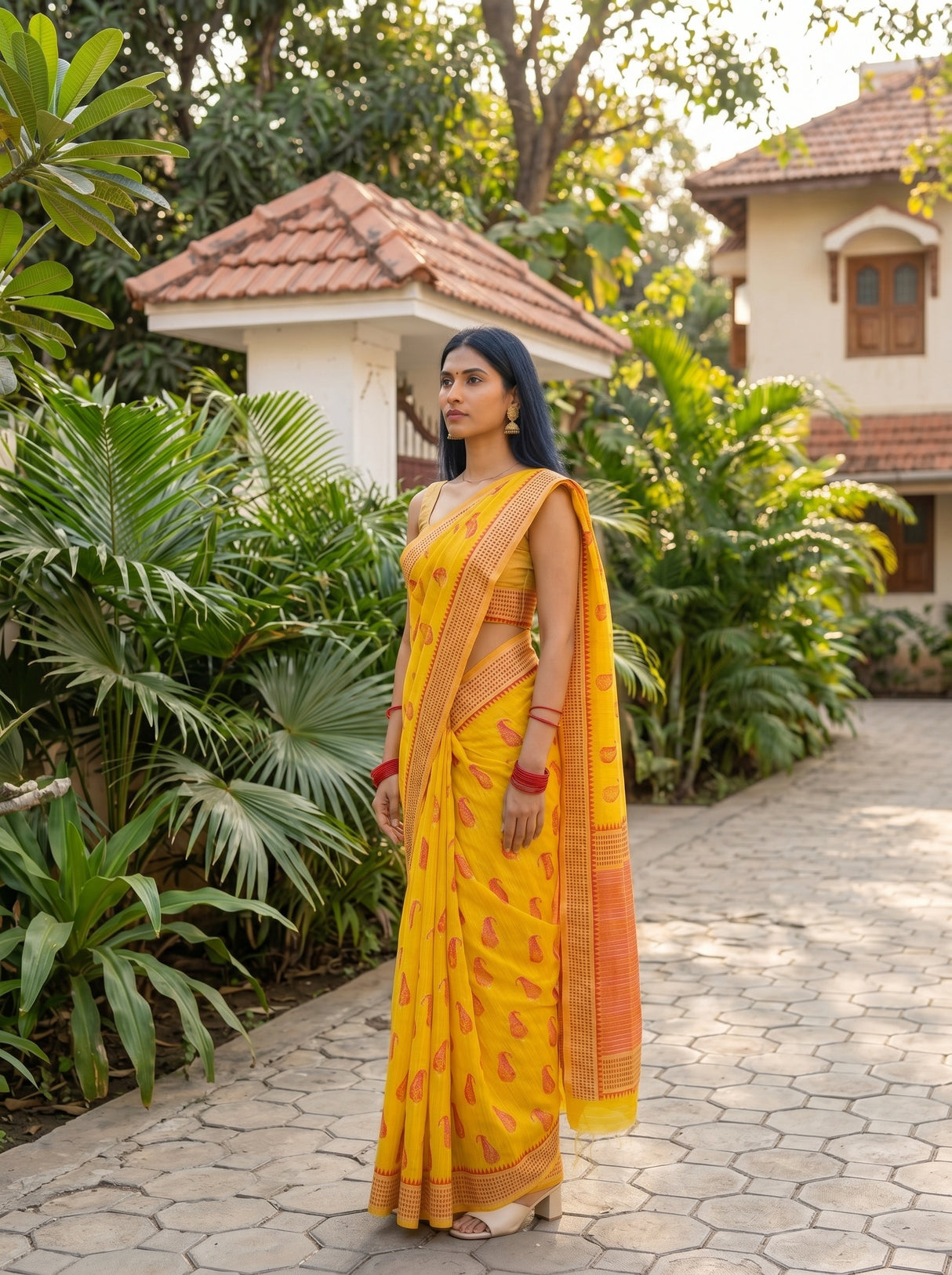 MIMOSA Gold Banarasi Linen Saree β pose 3 styling detail