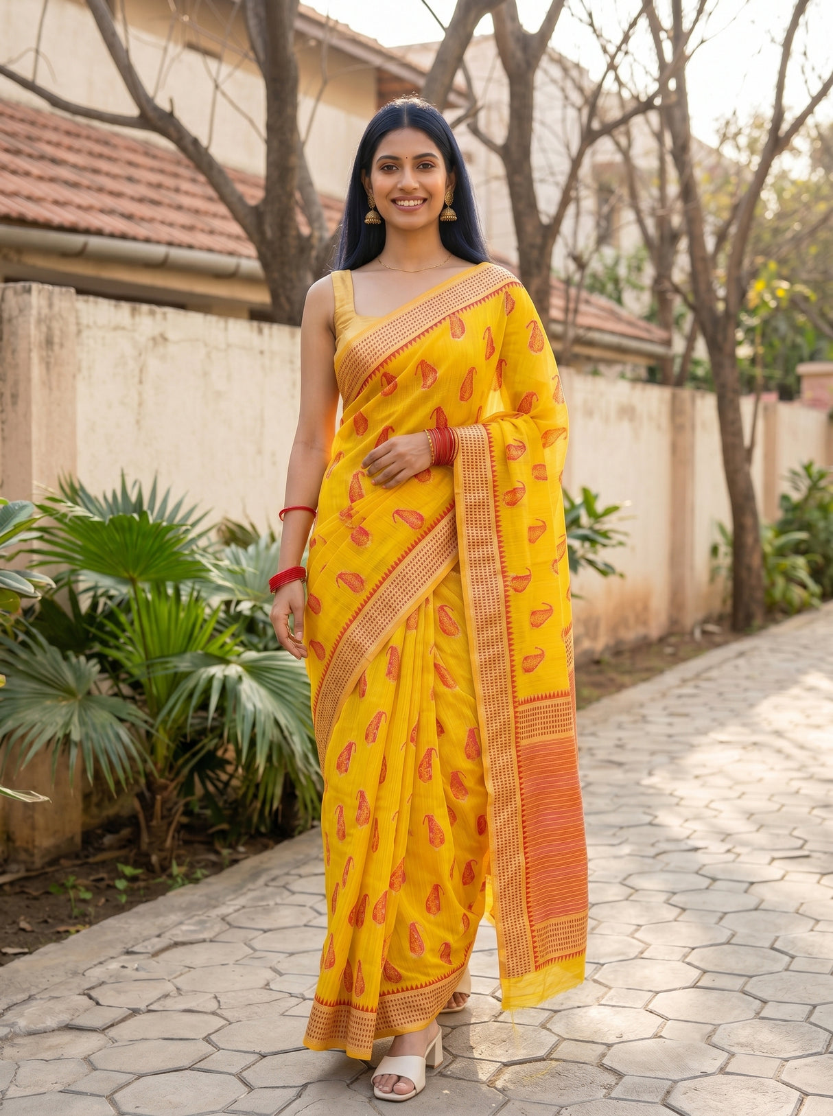 MIMOSA Gold Banarasi Linen Saree β pose 6 styling detail