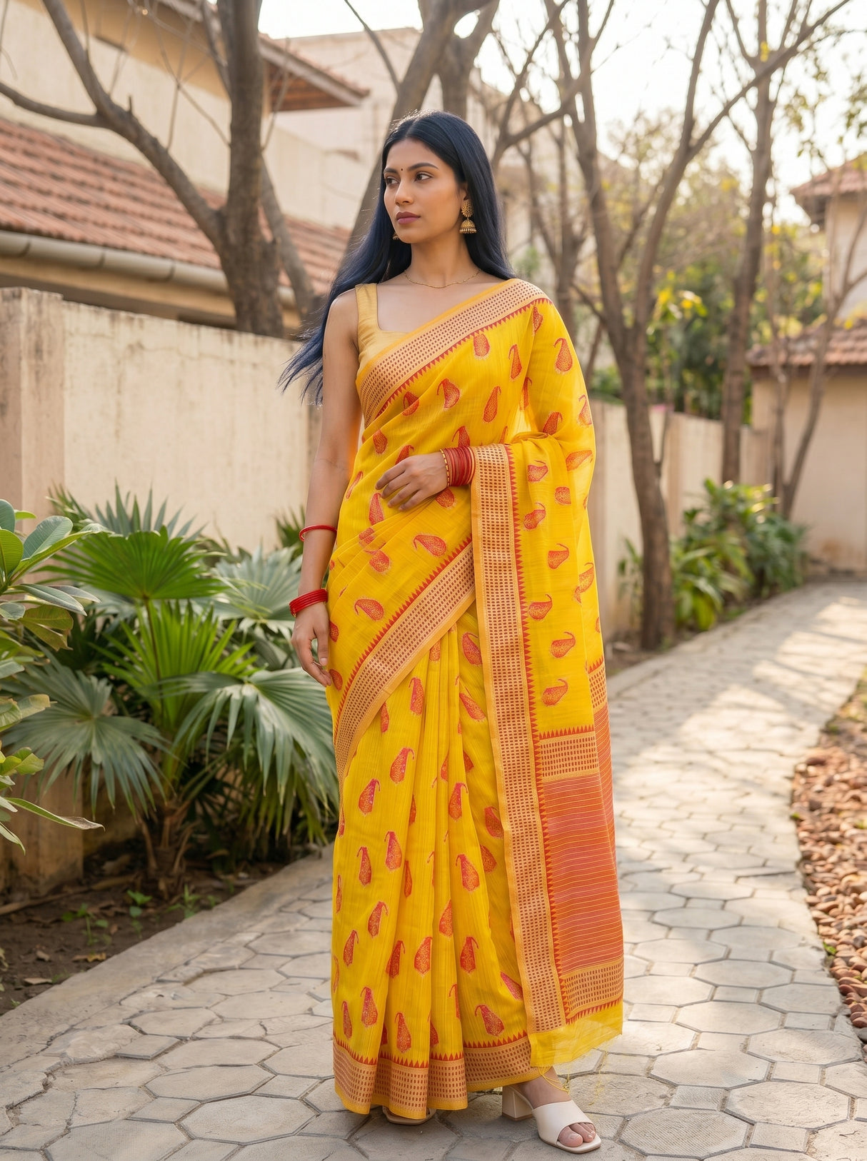 MIMOSA Gold Banarasi Linen Saree β pose 9 styling detail